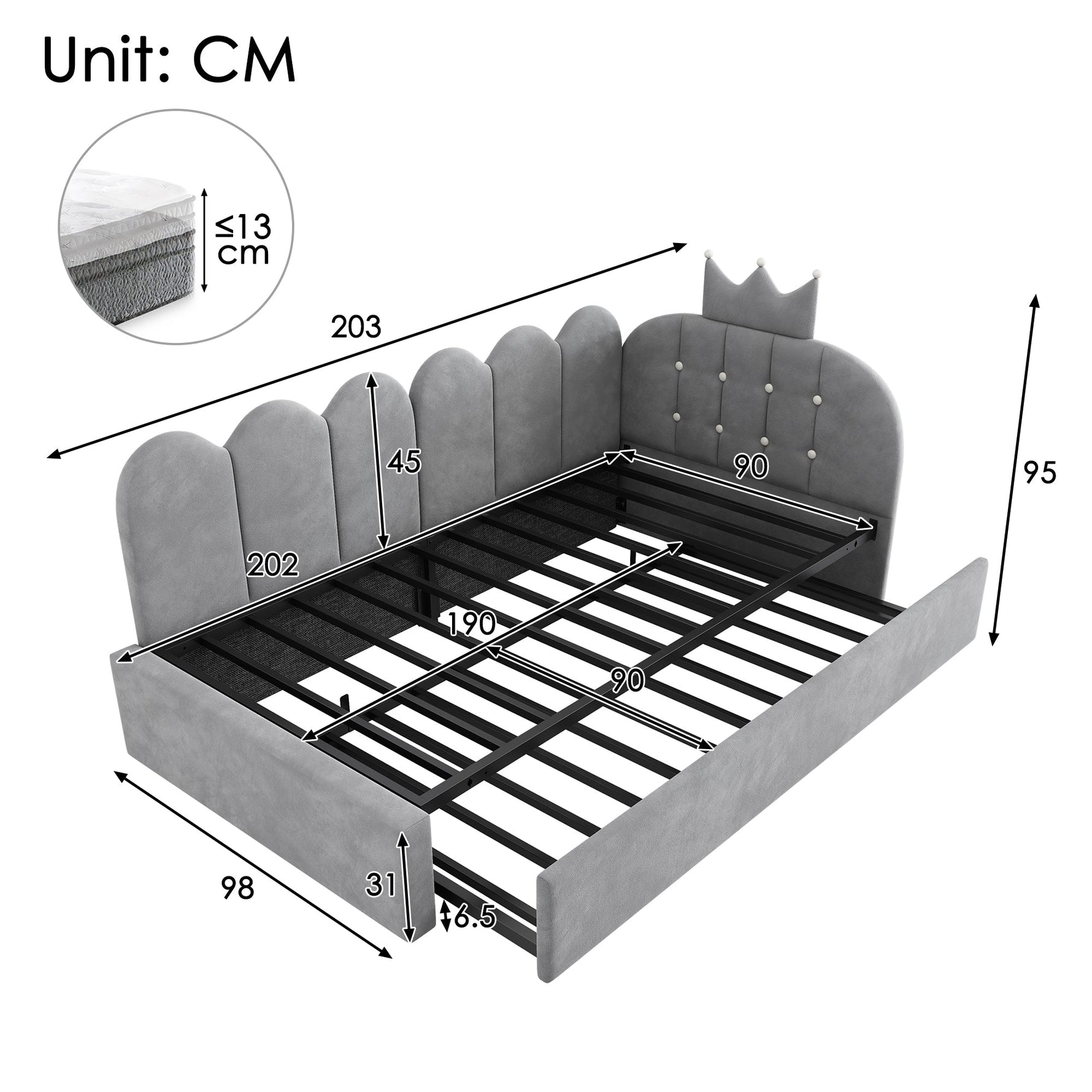 L-Shape Sofa Bed with Pull-Out Guest Bed and Crown Lattice Design, 90x200cm, Grey Velvet