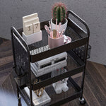 Rolling Serving Cart, 3 Tiers, 2 Hanging Baskets, Kitchen, Steel Black