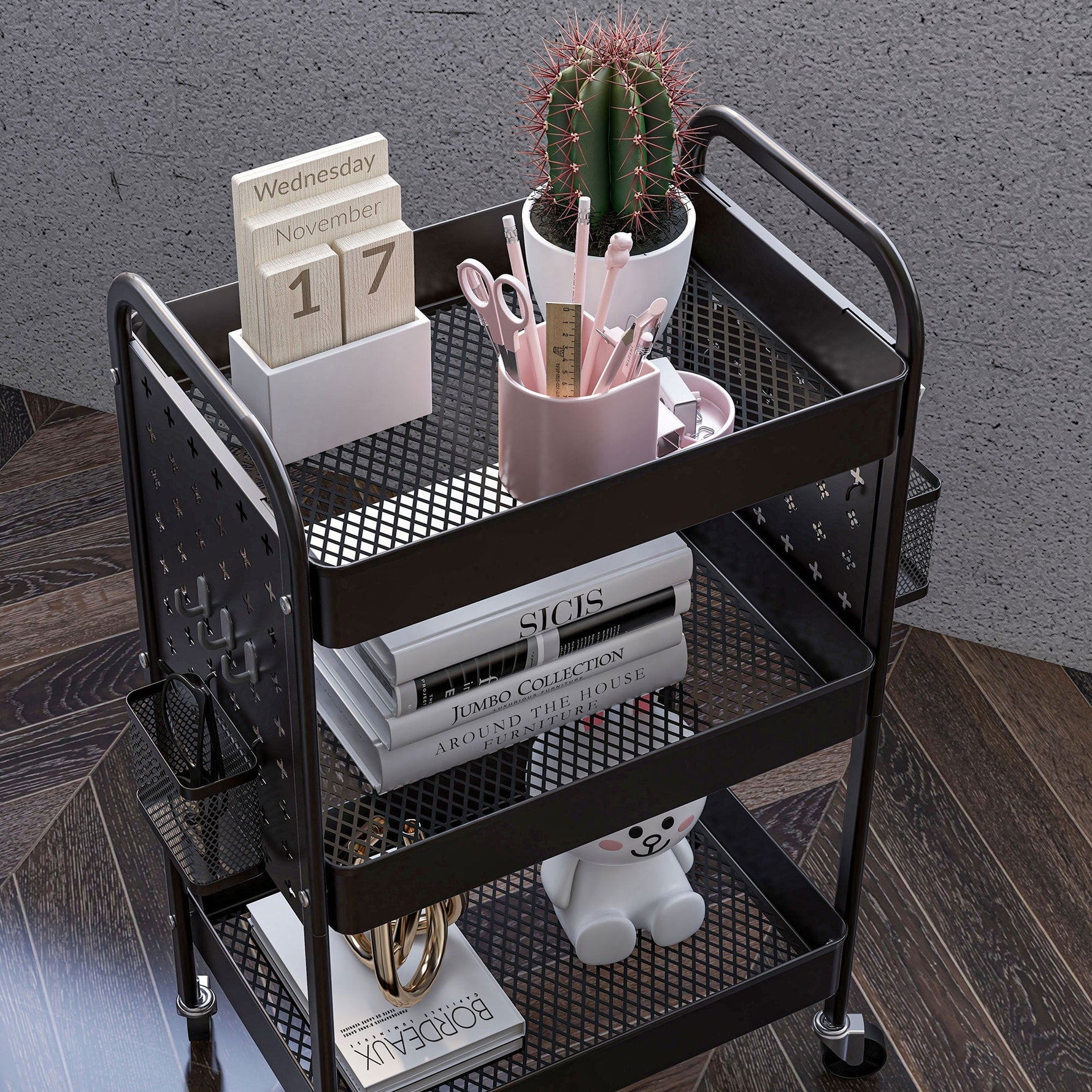 Rolling Serving Cart, 3 Tiers, 2 Hanging Baskets, Kitchen, Steel Black