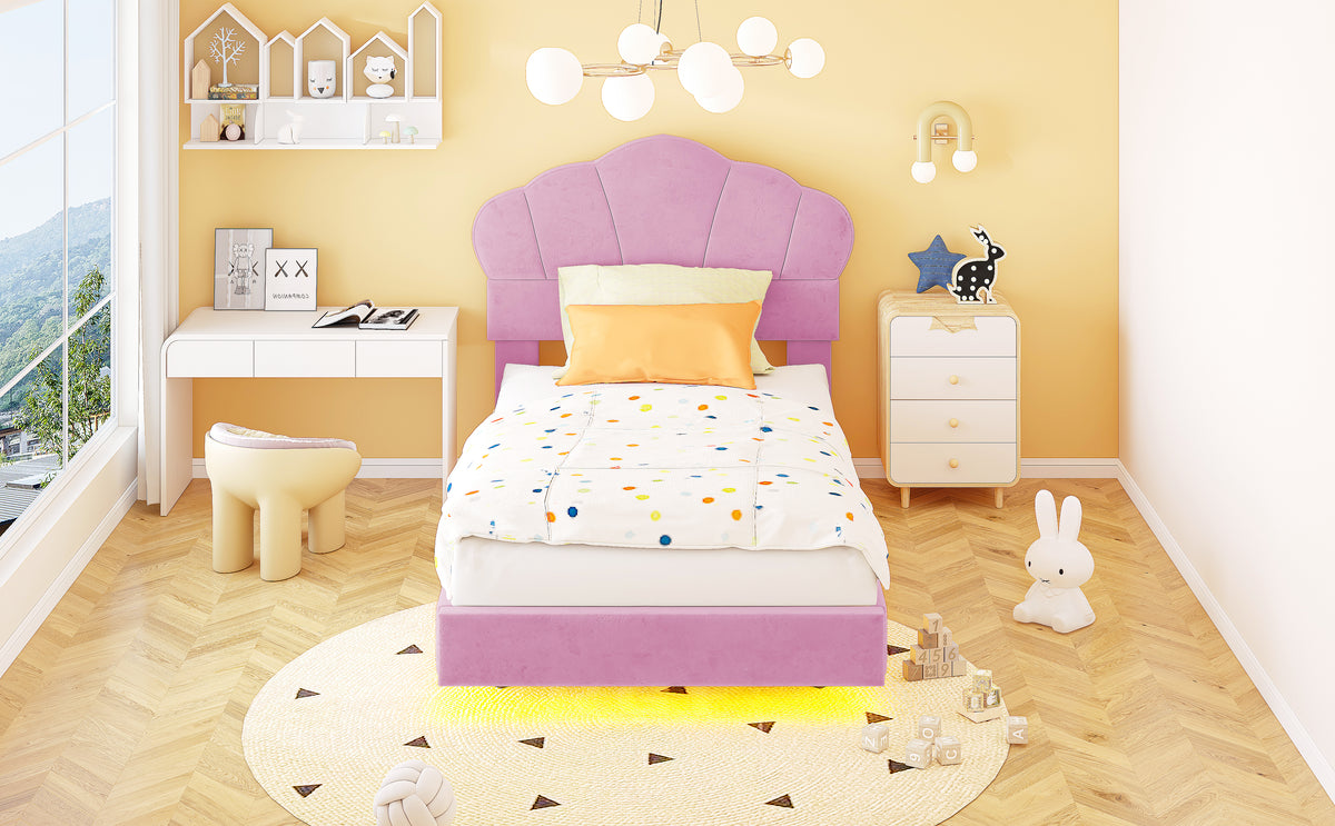 Upholstered Bed 90x200cm, Cloud Headboard & LED, Pink Velvet