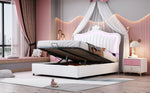 Children's Bed, Upholstered Hydraulic Storage with LED Lights, White PU Leather