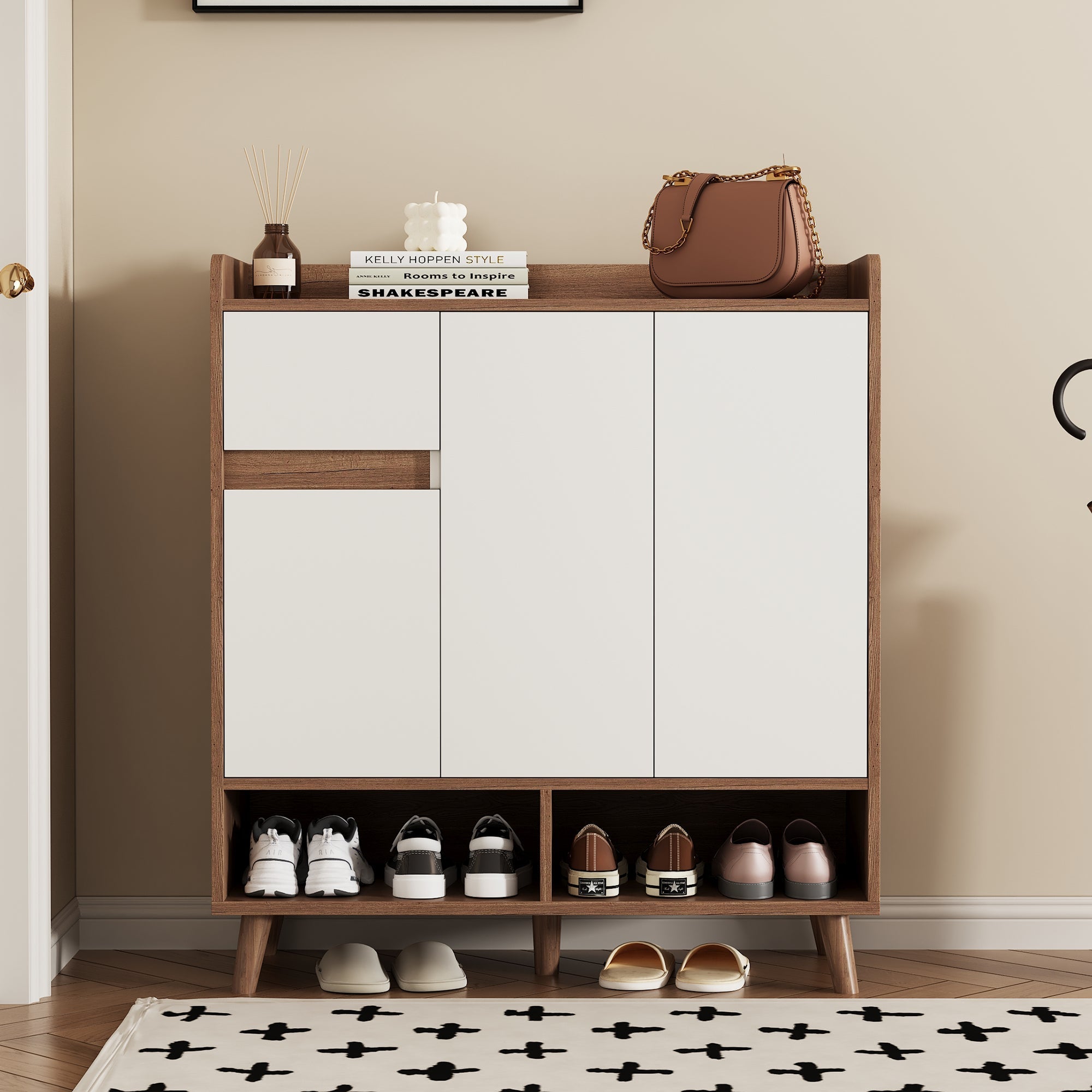 Chest of drawers with adjustable shelves, minimalist home organizer with solid wood legs
