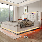 Upholstered Bed 140x200cm Hydraulic Storage LED USB/Type-C Linen Beige