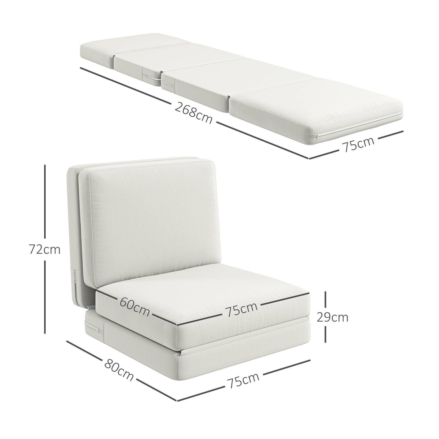 Folding Velvet Sofa Bed, 3-in-1, Storage, Cream White