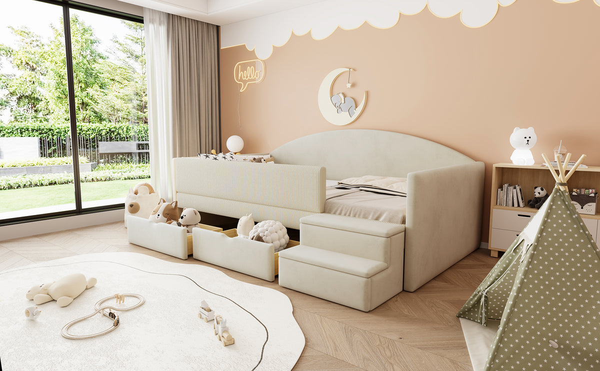 Upholstered Sofa Bed 90x190cm with 2 Drawers, Beige Velvet