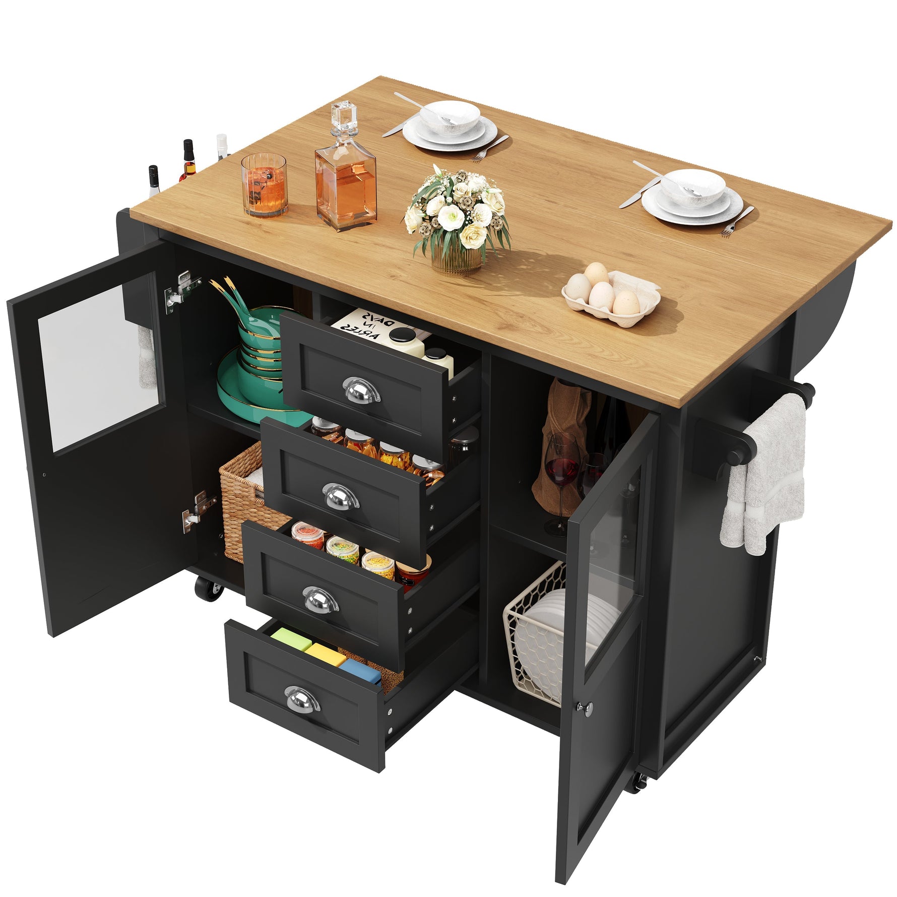 Extendable Kitchen Island Mobile Storage Drawers Spice Rack - White/Black