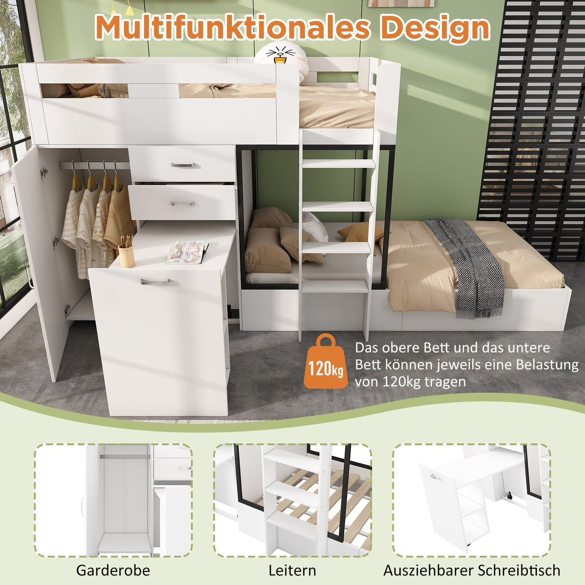 Children's Bunk Bed with Pull-out Desk, Wardrobe, Storage, White