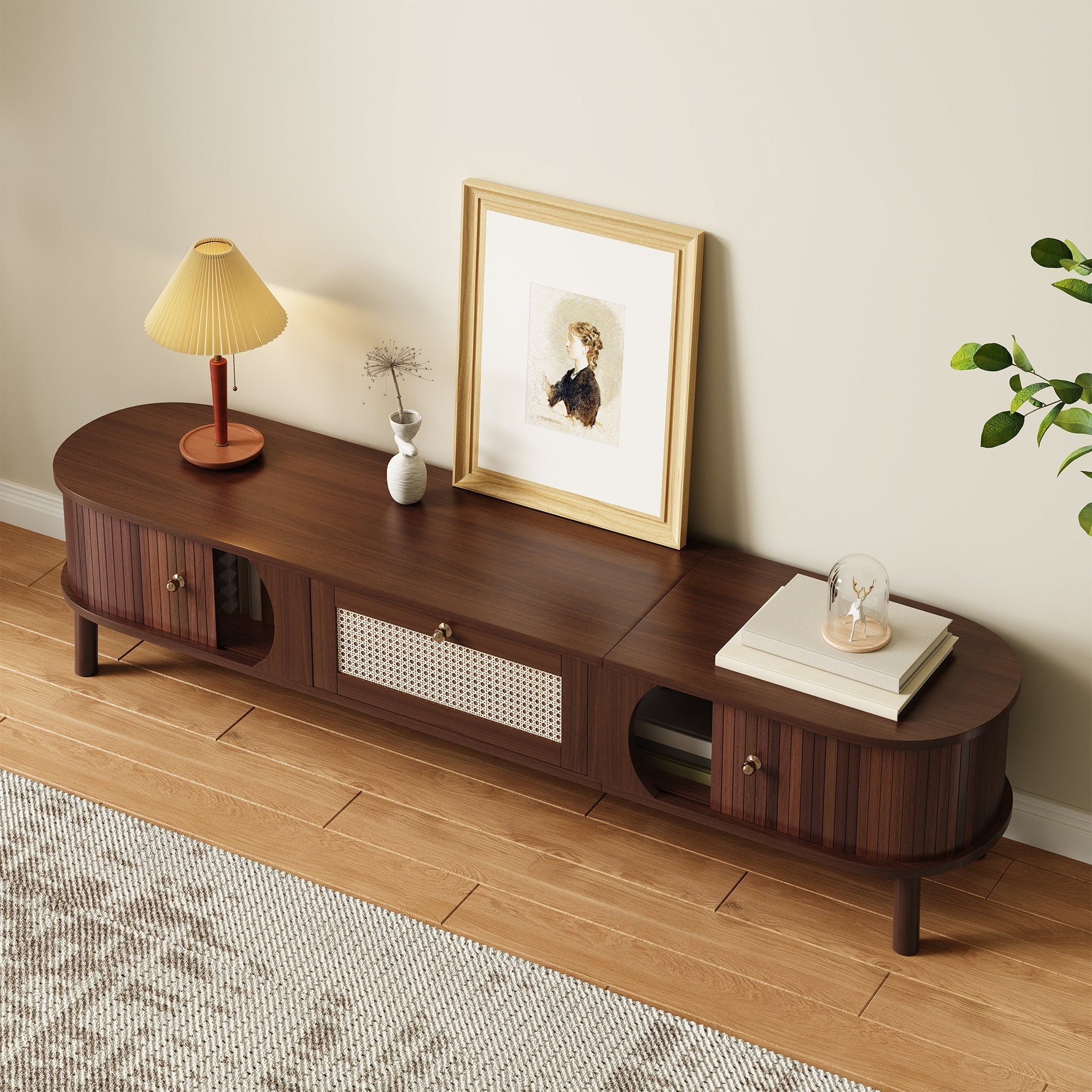 TV Cabinet Natural Wood Doors Rattan Drawers Rustic Storage