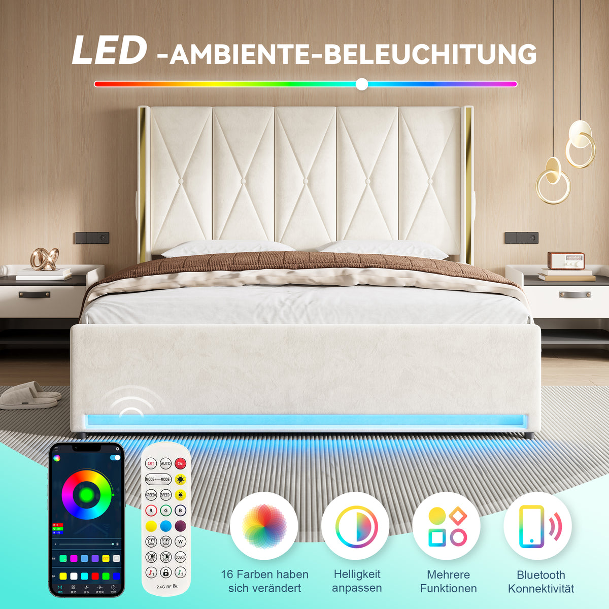Storage Bed with LED, USB & Hydraulic Storage, 180x200cm, Velour