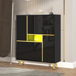 Modern shoe cabinet, high-gloss front, 16-color LED light, black