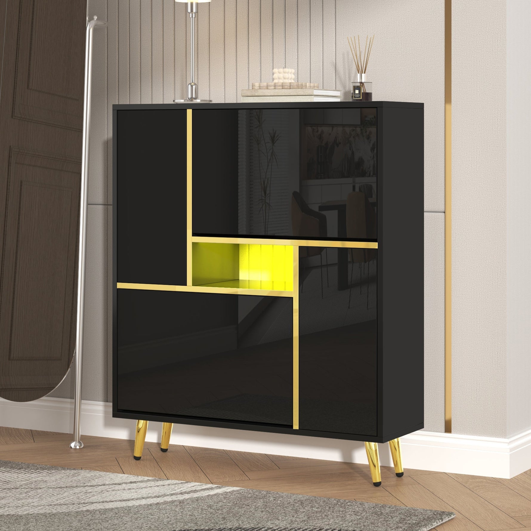 Modern shoe cabinet, high-gloss front, 16-color LED light, black