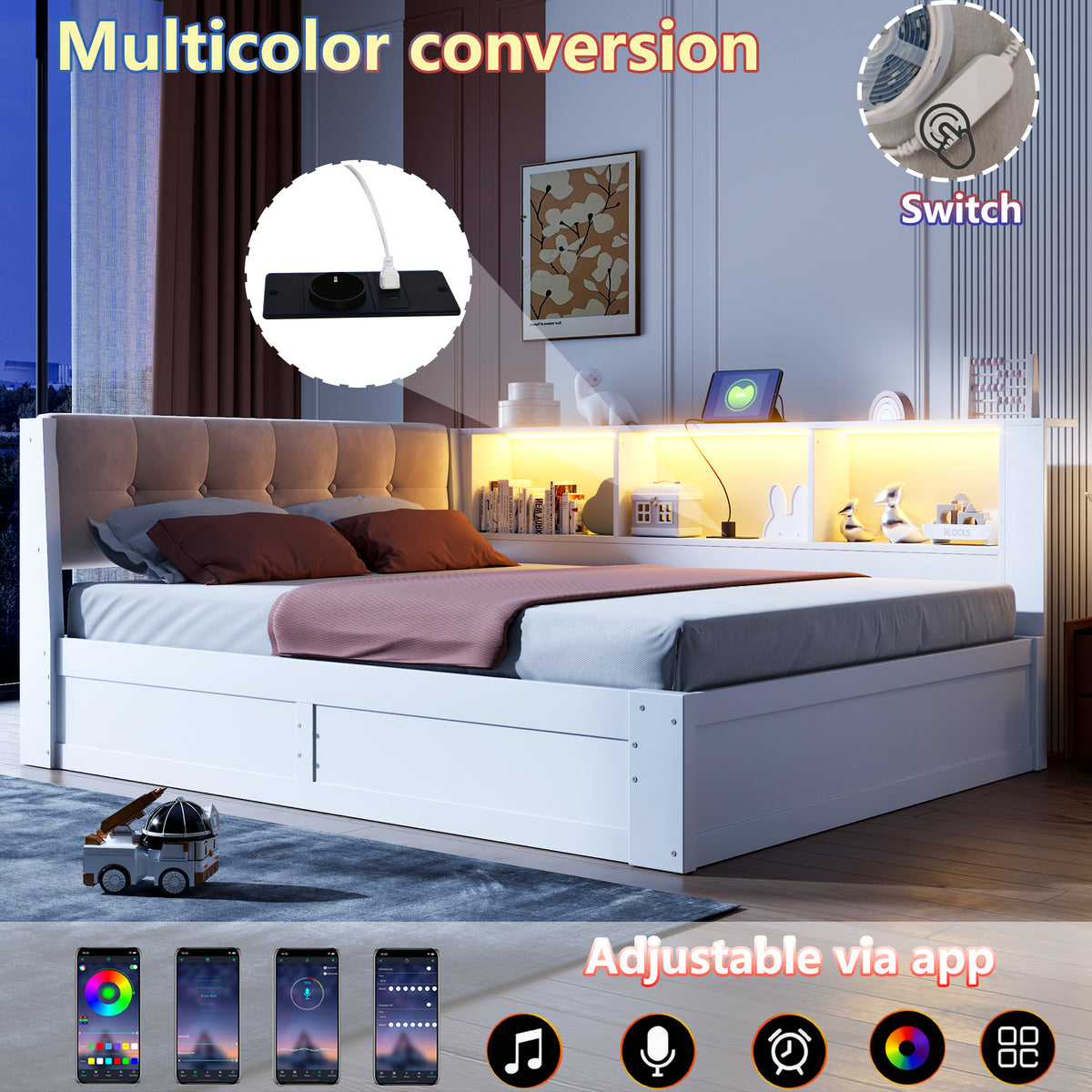 Daybed Frame 140x200cm with LED & Storage, White Pine Wood