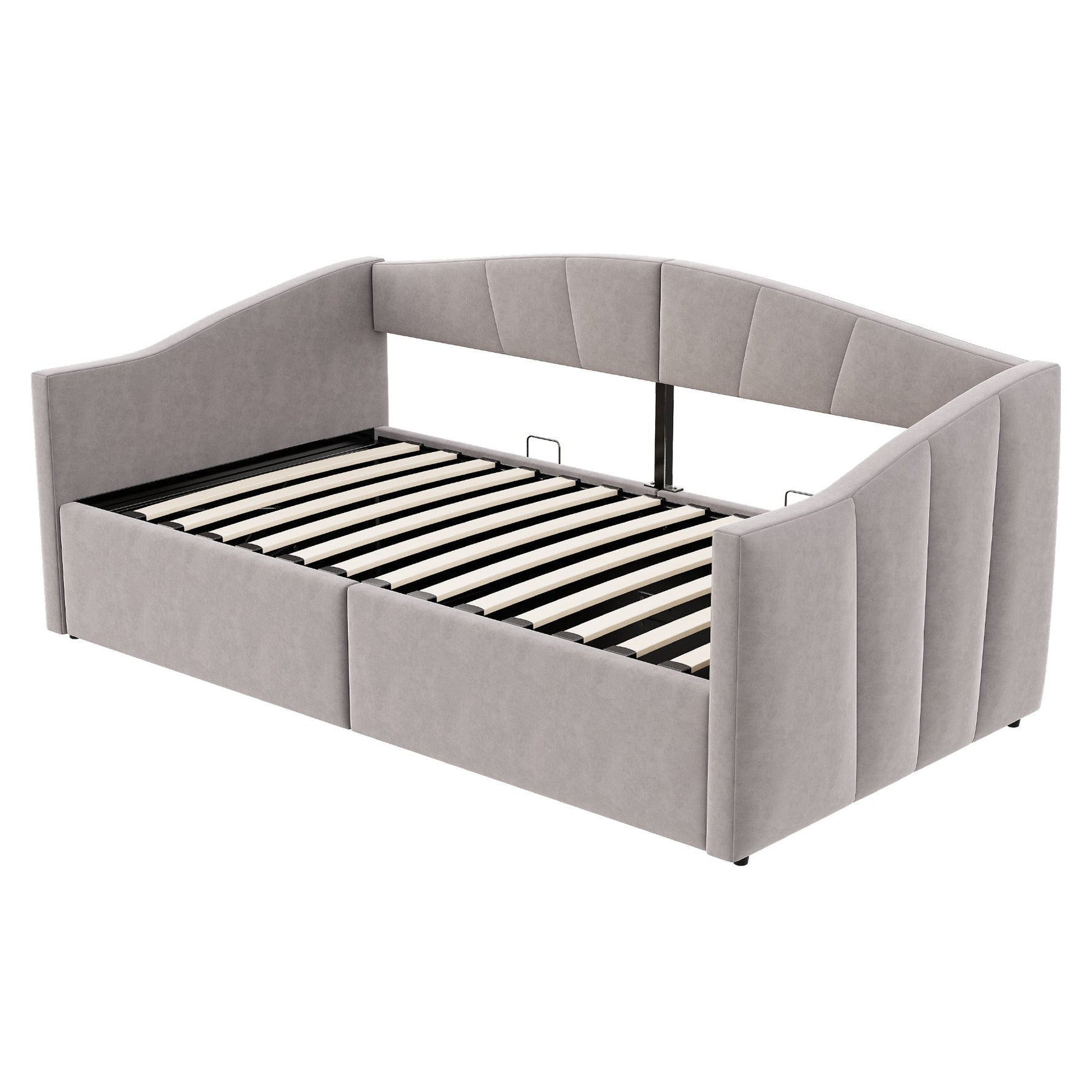 Upholstered Sofa Bed 90x200cm Hydraulic Storage Multifunctional Striped with Armrests Velvet Light Grey