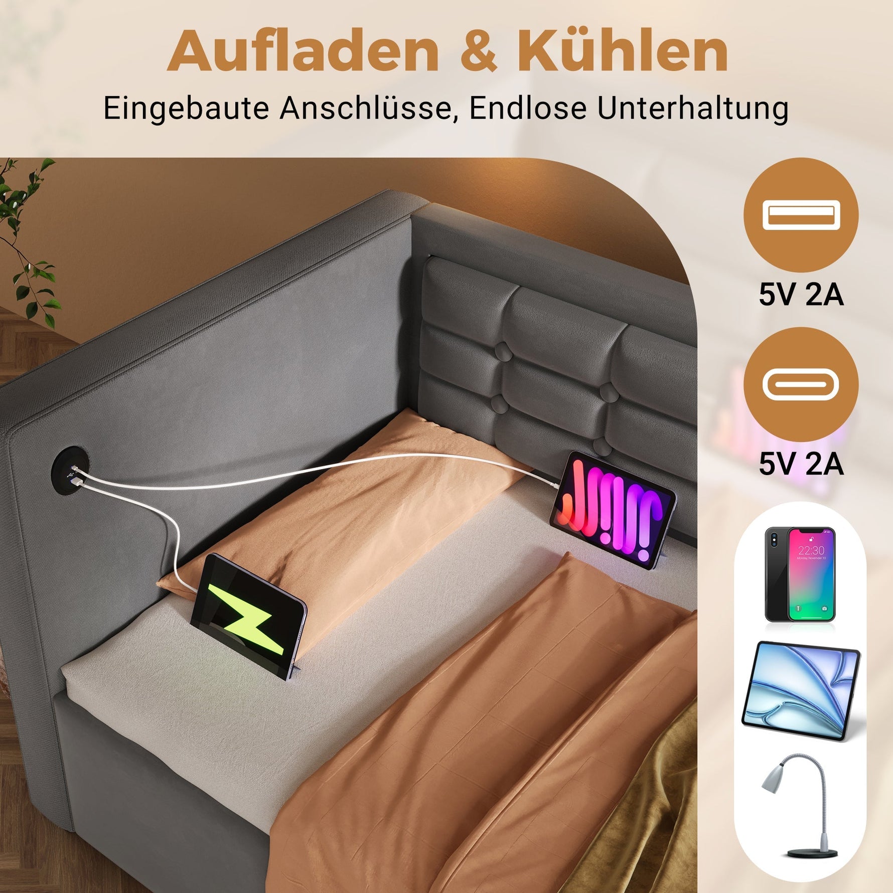 Upholstered Sofa Bed, 90x190 cm Single with USB & Type-C Charging, Gray Velvet