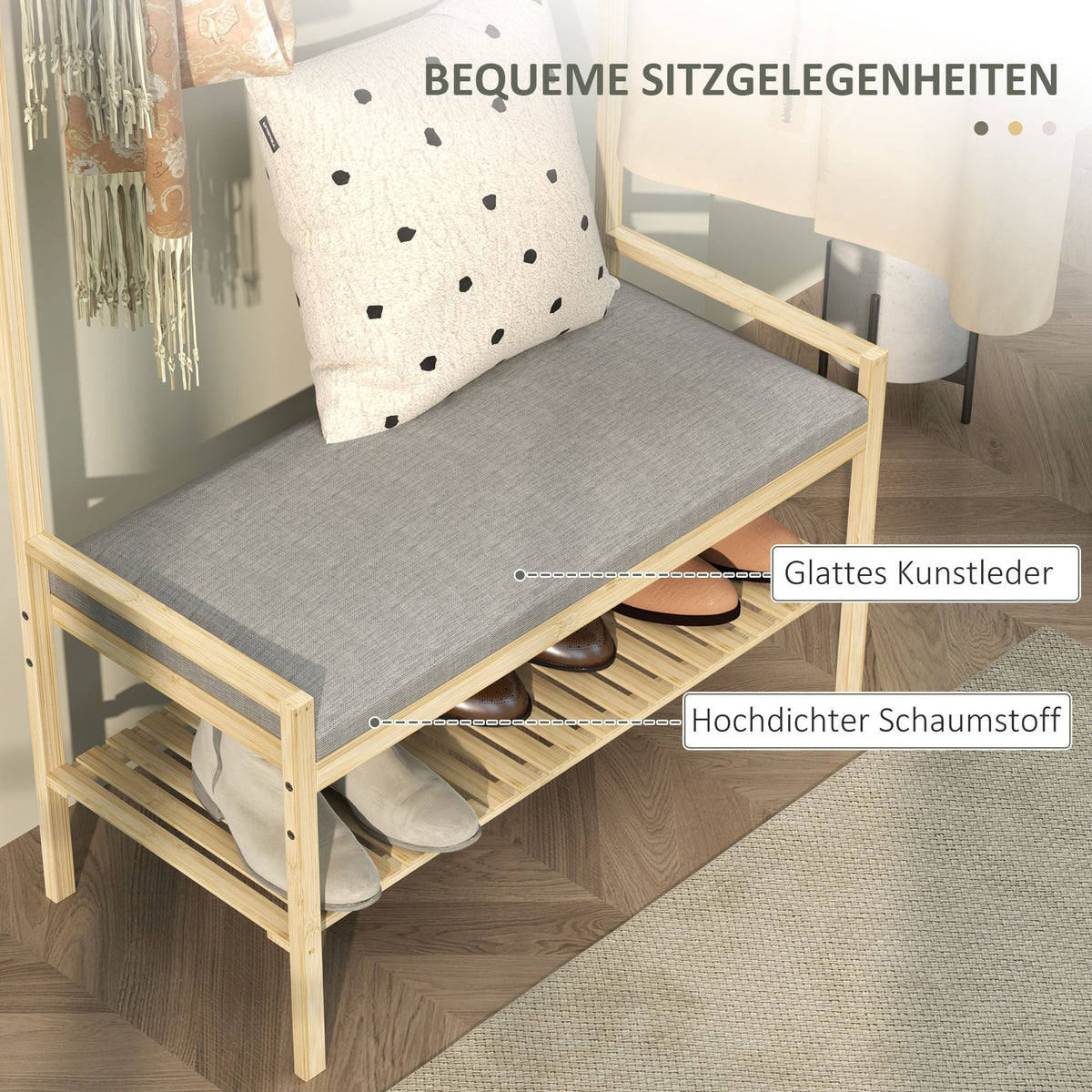 Coat Rack with Shoe Bench, Hooks, Shoe Rack, Seat Cushion, Bamboo, Natural