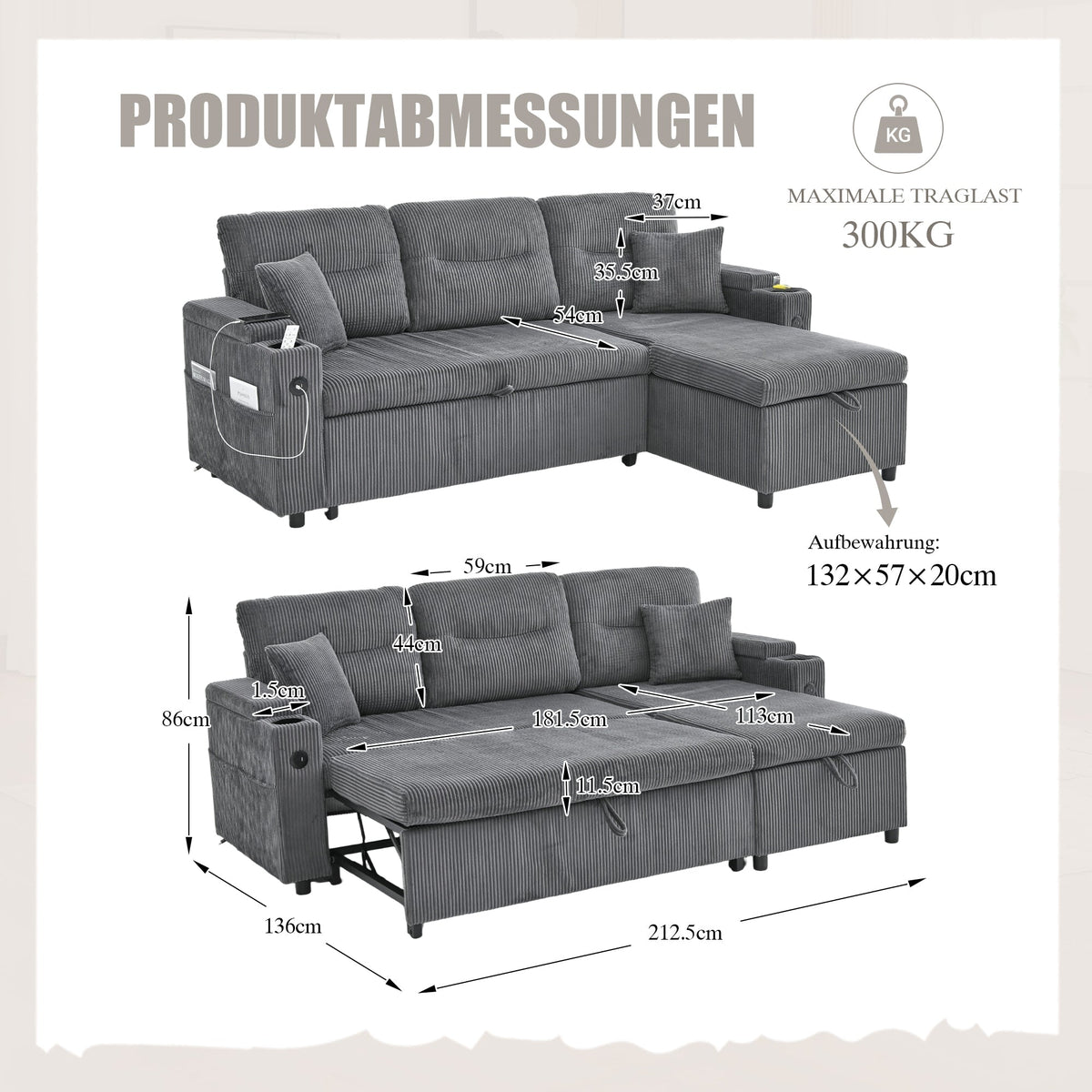 Modern 3-Seater Sofa with Storage, Cup Holders and USB-C Charging, Corduroy