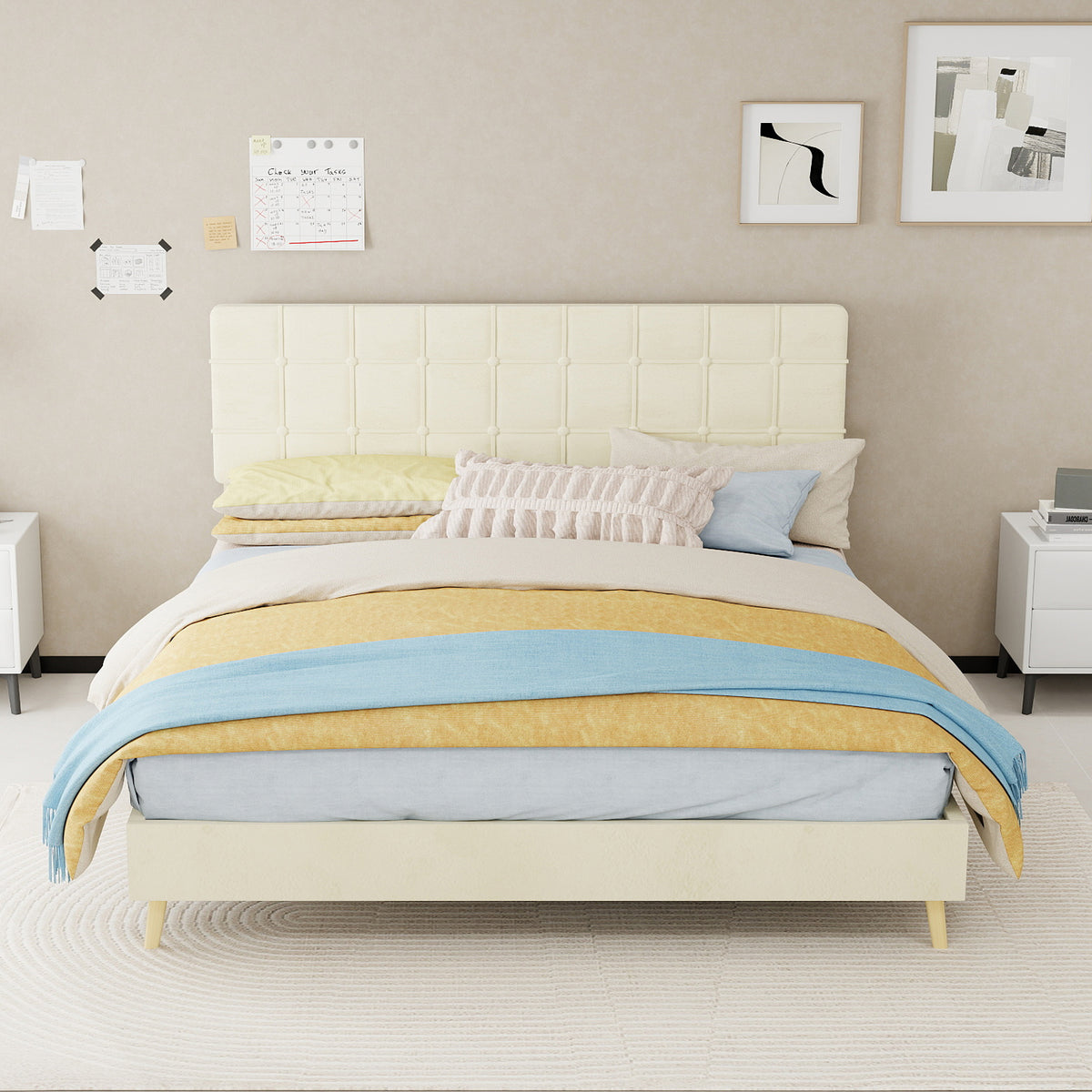 Modern Double Bed with Plaid Headboard, 160x200cm, Beige Fabric