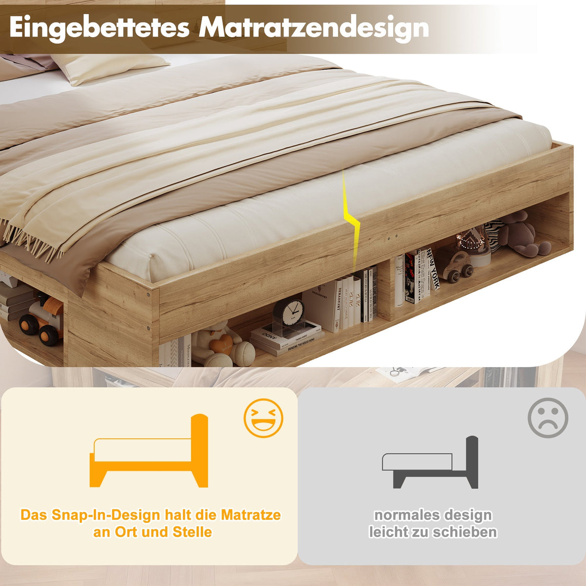 Double Bed 180x200cm Storage with LED, USB/Type-C, 2 Drawers & Bedside Tables Natural Wood