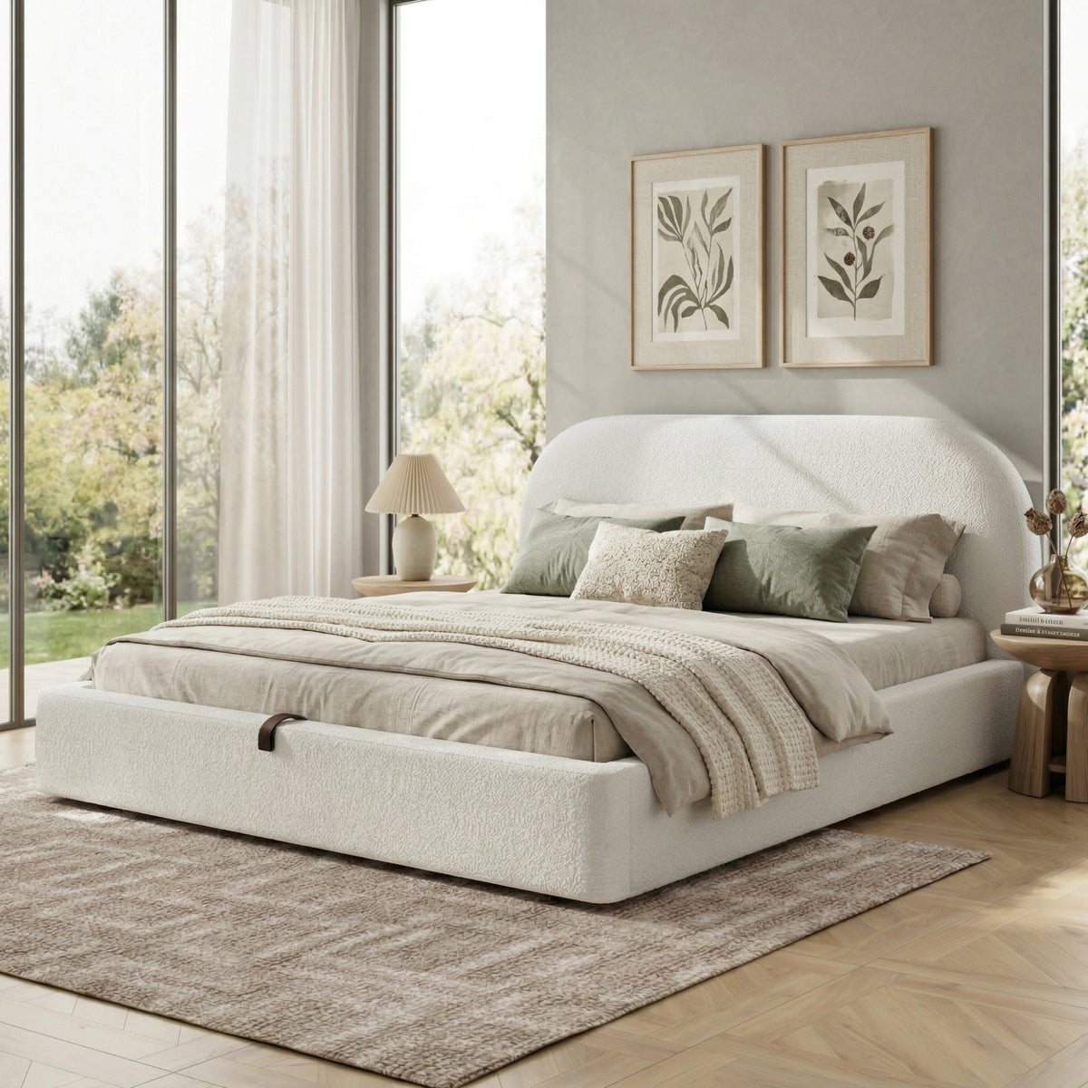 Upholstered Double Bed 160x200cm with Storage, Beige Bouclé