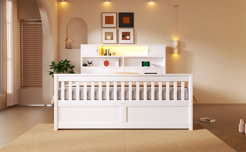 Platform Bed Frame with Storage Shelves, LED, USB and 4 Drawers, 160x200cm, White