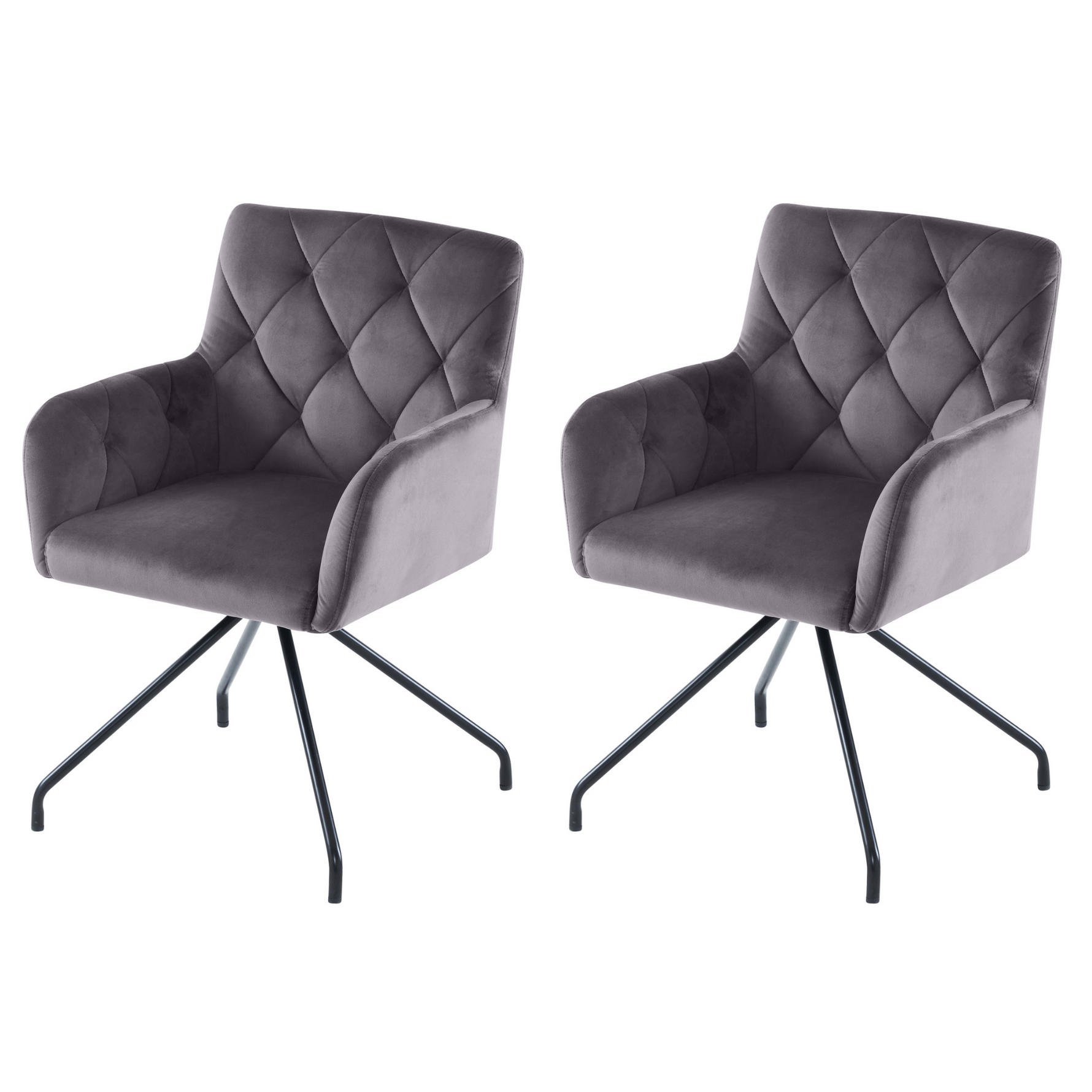 Set of 2 Dining Armchairs Upholstered Diamond Pattern Metal Legs Velvet Grey