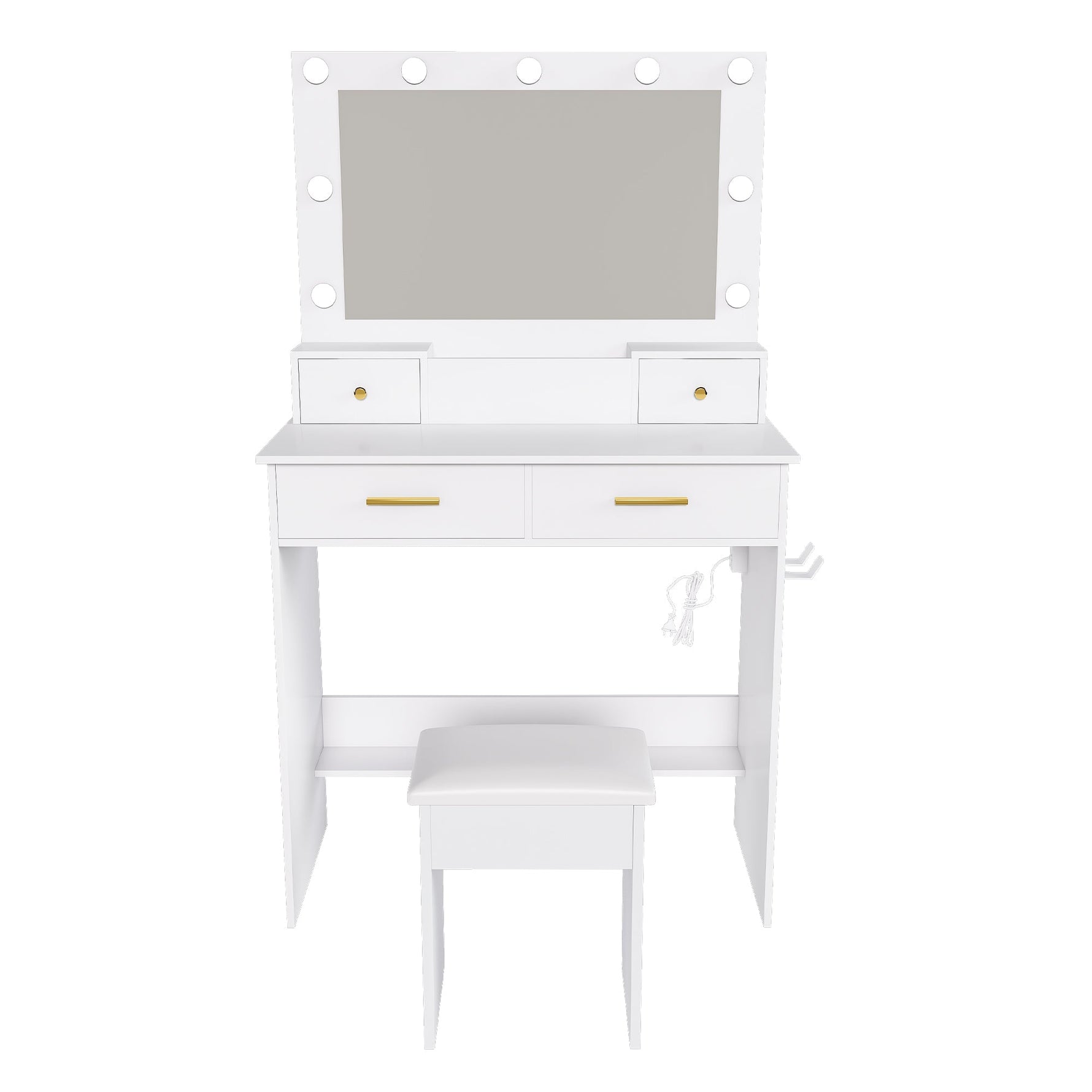 Dressing Table with LED Light, Power Outlet, 4 Drawers & Stool, White