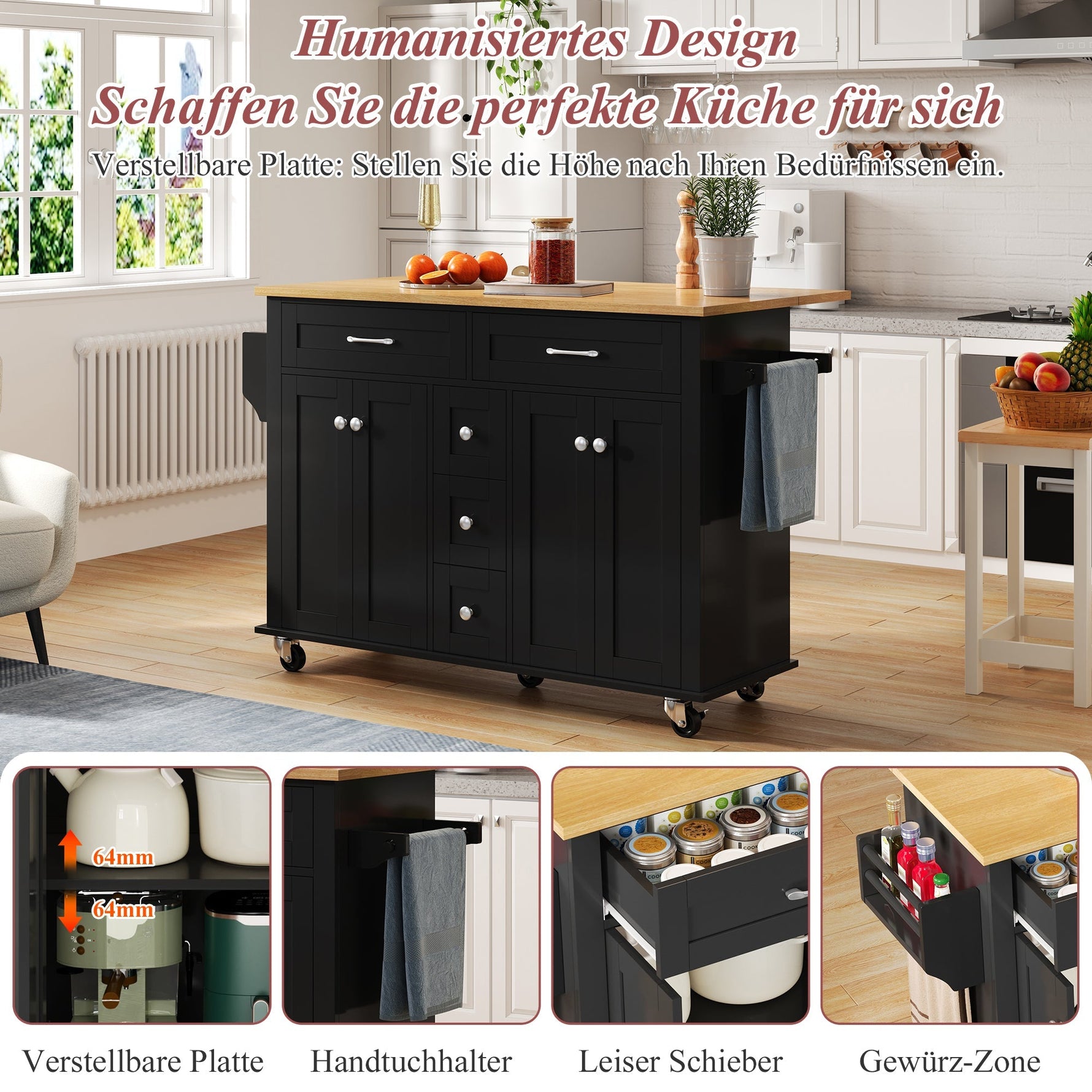 Multifunctional Kitchen Island Mobile Trolley with Extendable Worktop, 5 Drawers & Spice Rack