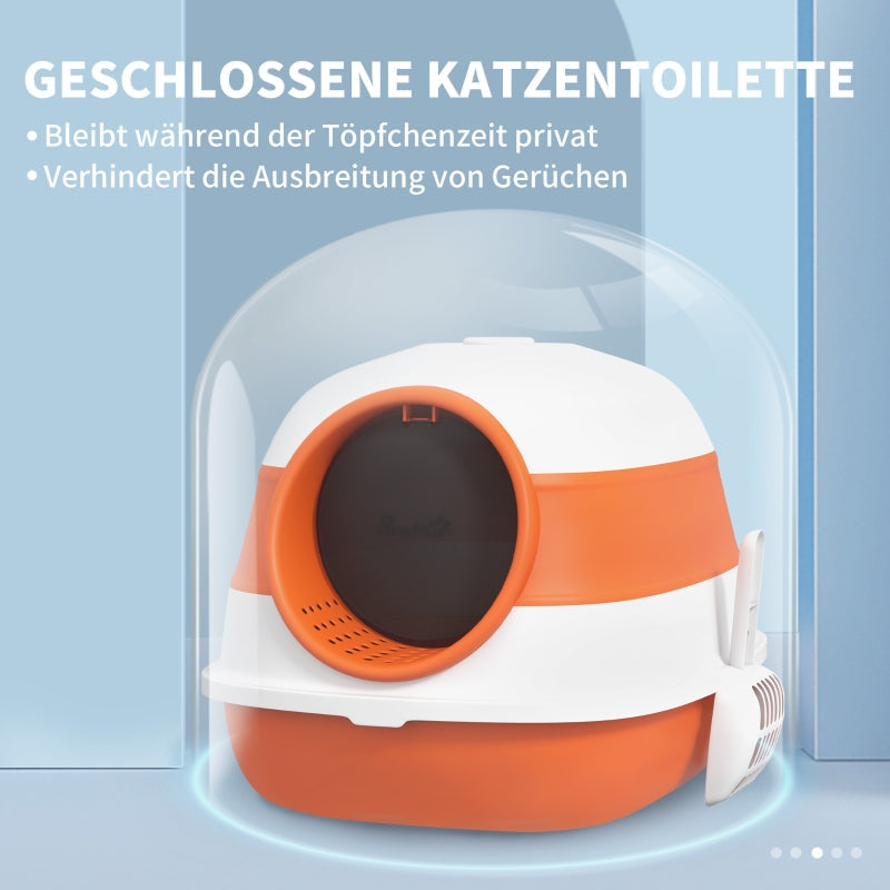 Cat Litter Box, with Lid and Scoop, White/Orange