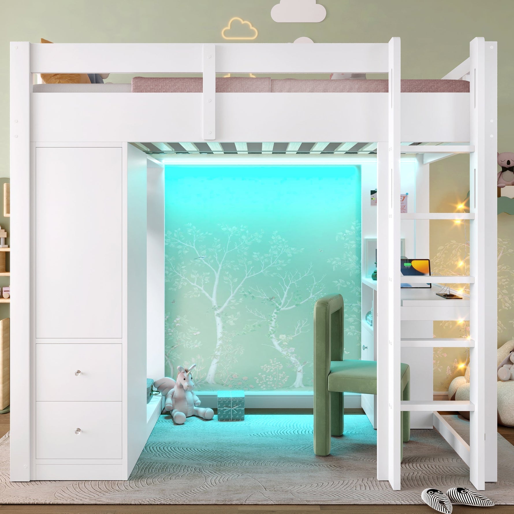 Loft Bed with Desk, Wardrobe, 4 Drawers, LED and USB, 90x200cm, White