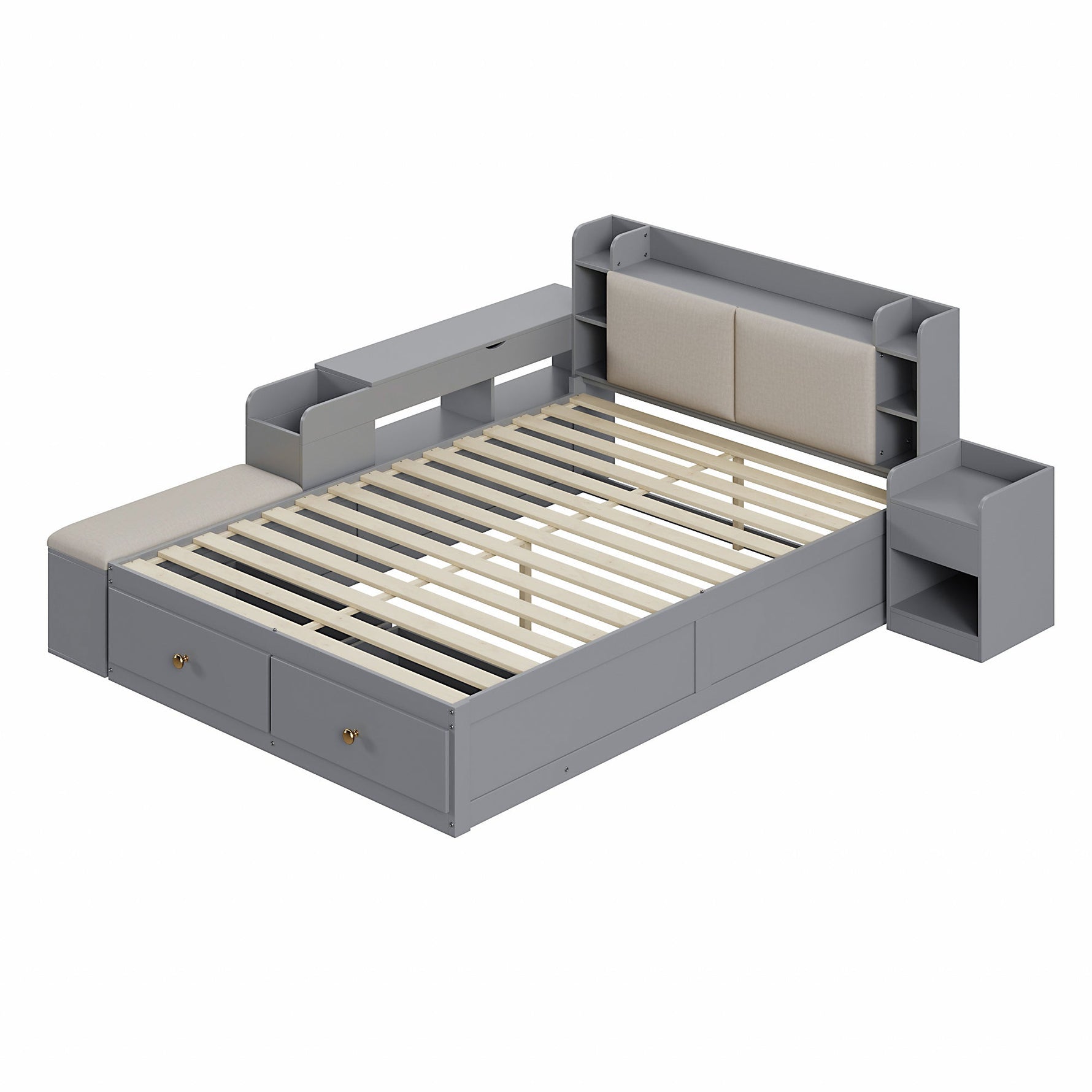 Solid Wood Combo Bed, 140x200cm with Storage & Sofa Bench, Gray