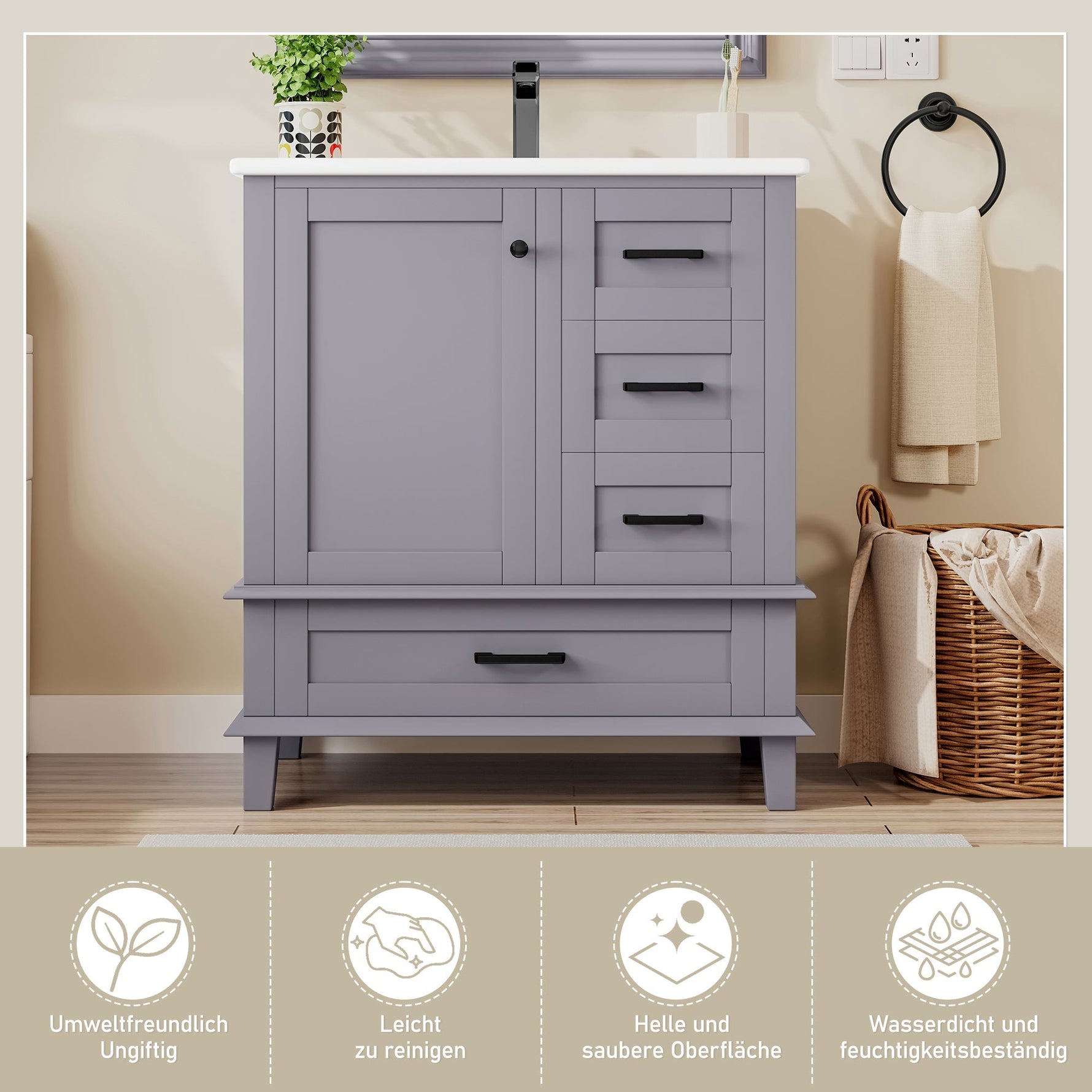 Bathroom Vanity Unit with Ceramic Sink and Silent Storage Drawers, Grey
