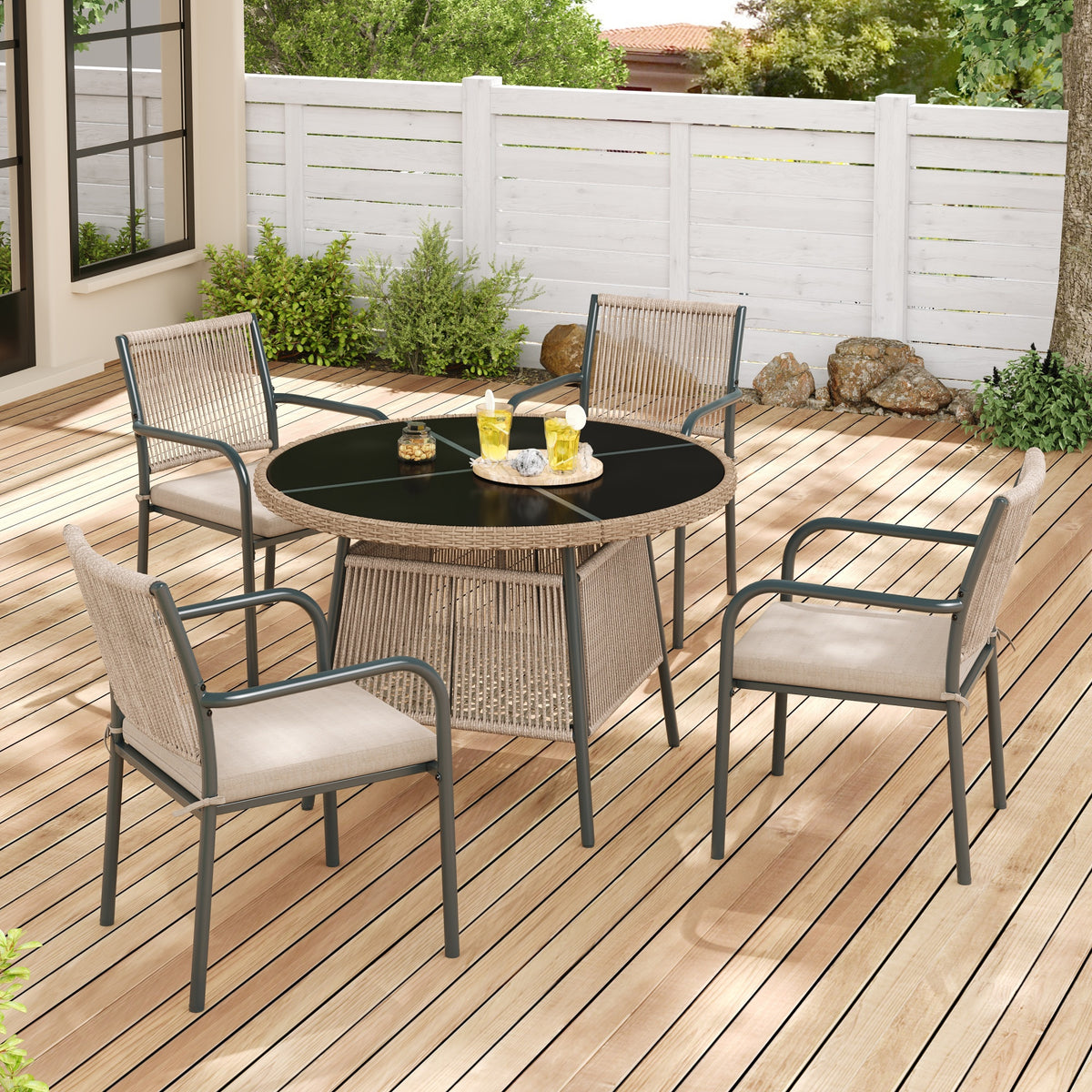 Modern Garden Furniture Set with Round Table & 4 Chairs, Rattan