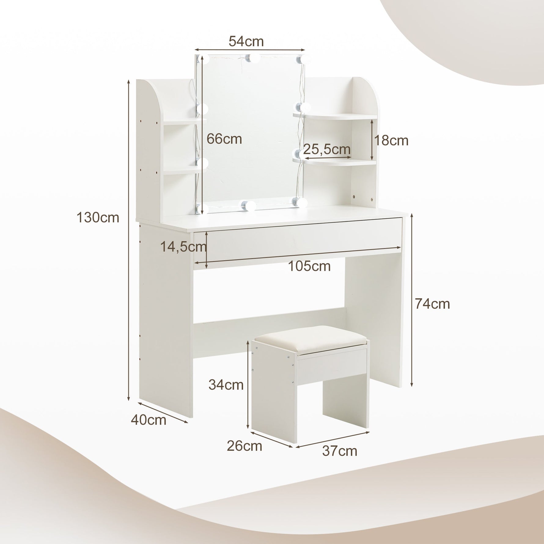 Dressing Table with Stool, LED Lighted Mirror, White