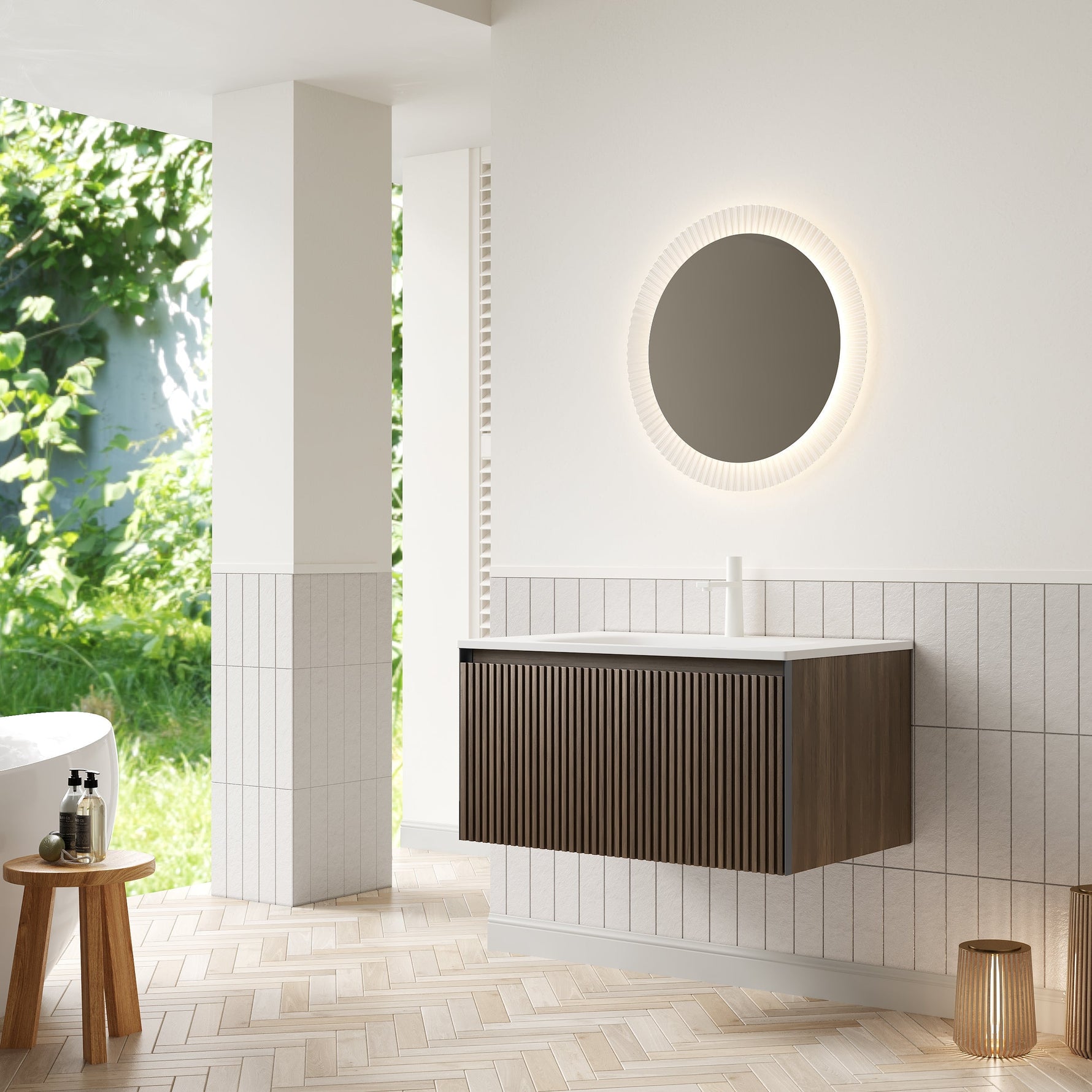 Wall-mounted Bathroom Vanity Unit with Artificial Stone Sink and Drawer, Brown Oak Grain Plywood