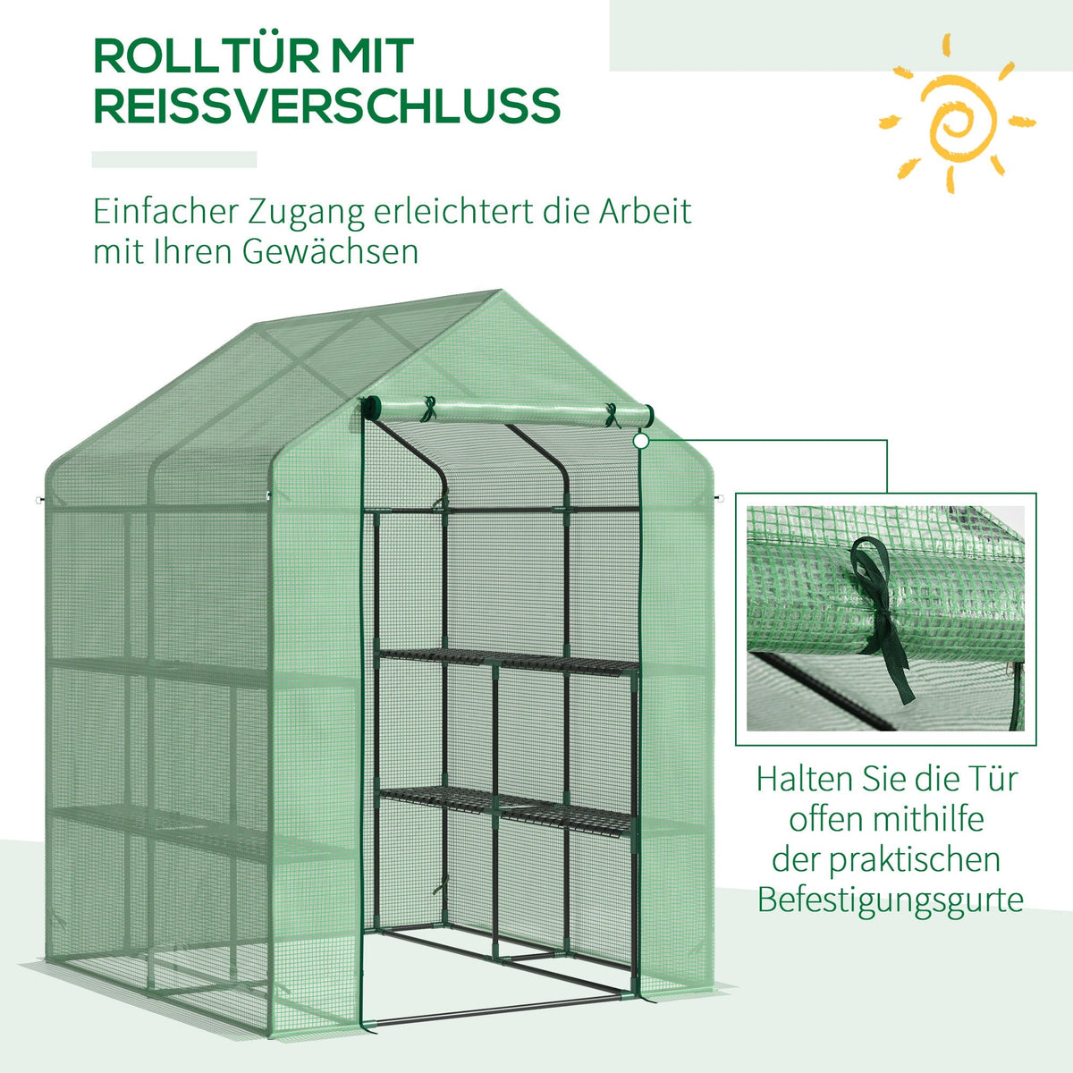 Walk-in Greenhouse, 8 Shelves for Tomatoes Optimal Plant Care, Steel & PE Plastic, Green