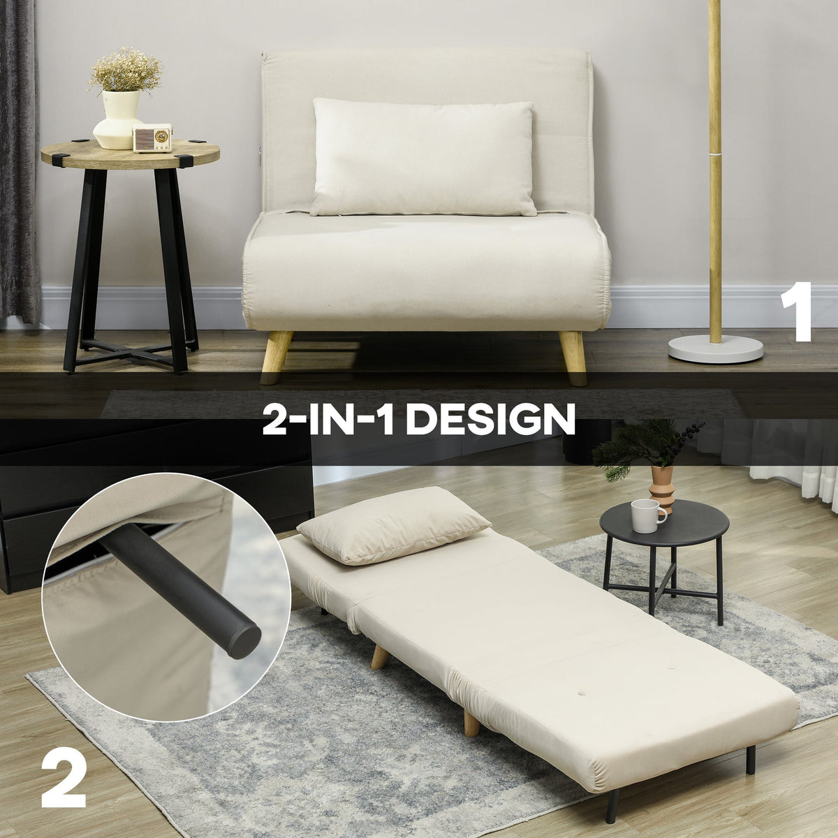 Folding Recliner Chair, Bed Function Adjustable Backrest, Velvet Look Beige