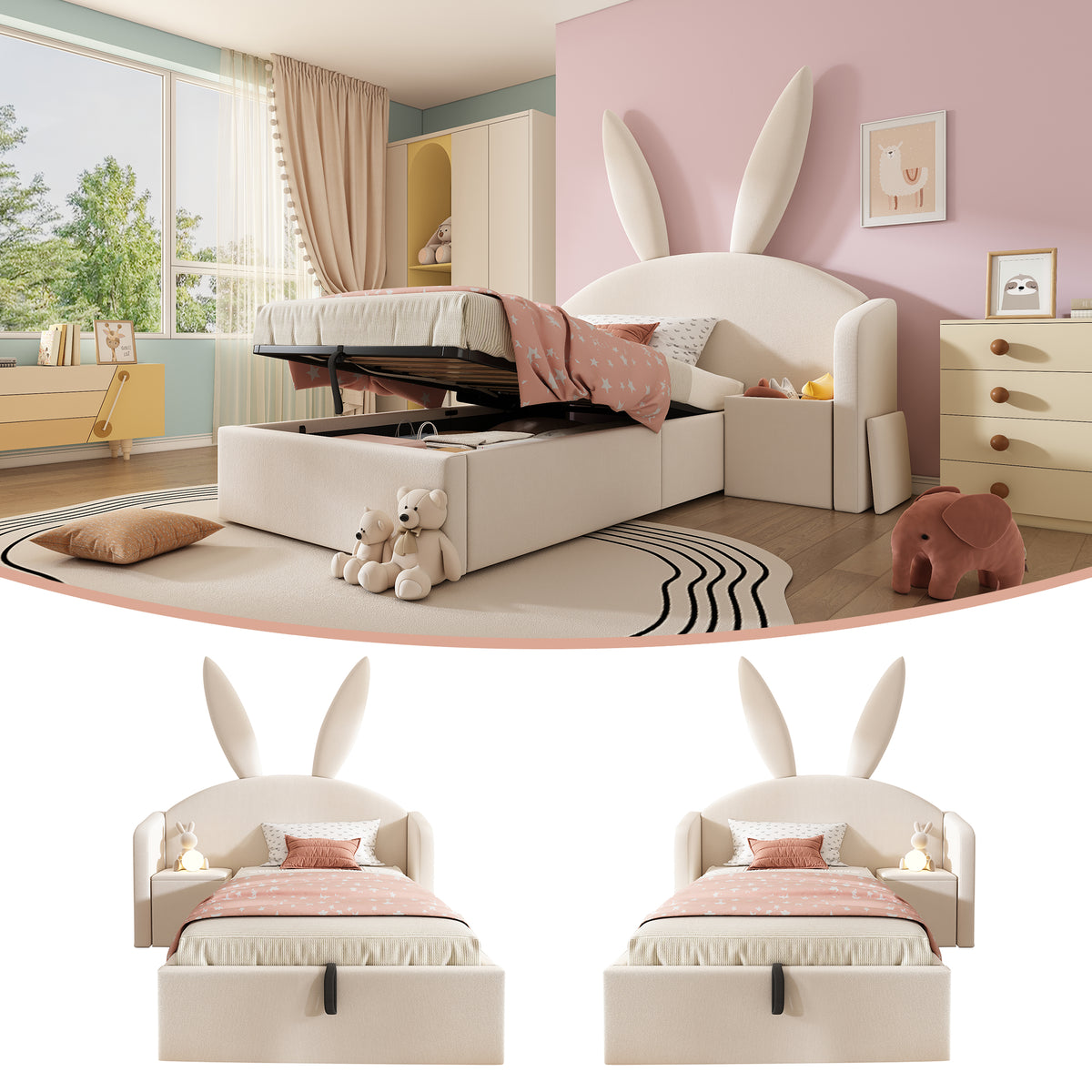 Youth Bed 90x200cm with Storage & Bedside Table, Beige Velvet