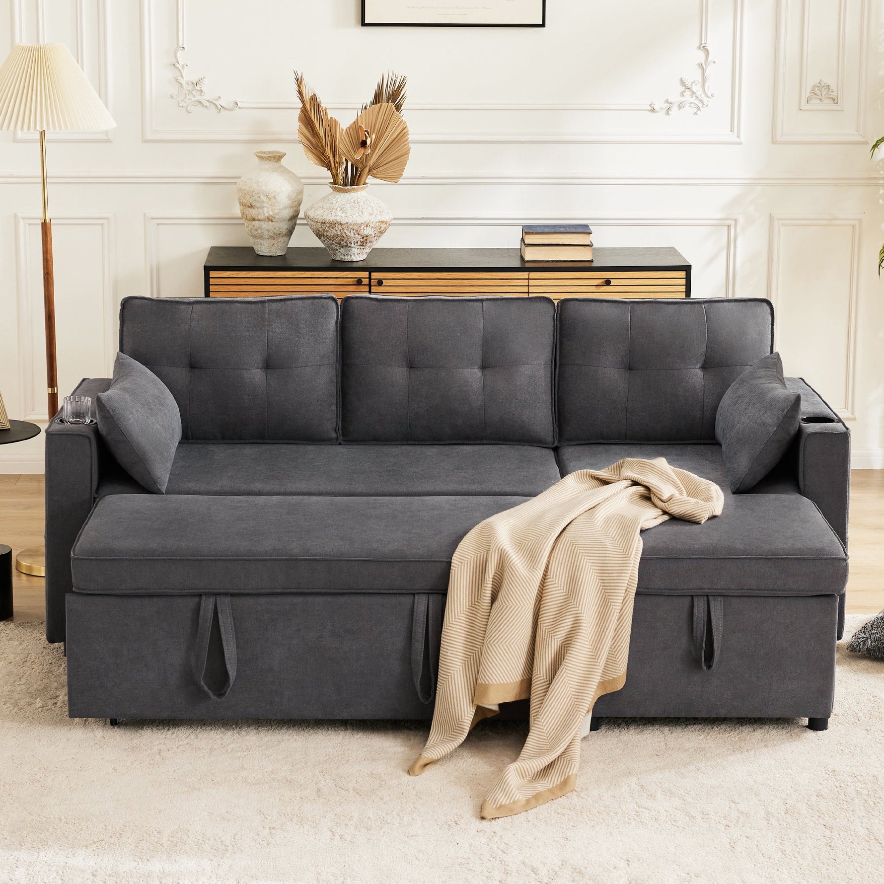 Sofa Bed L-Shaped Sleeping Function Storage Cup Holder Interchangeable Upholstered