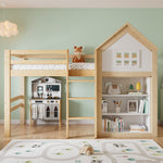Loft Bed with Storage Compartments, Drawers, Steps and Safety Railing, 90x200cm, White and Natural Pine + MDF + Plywood