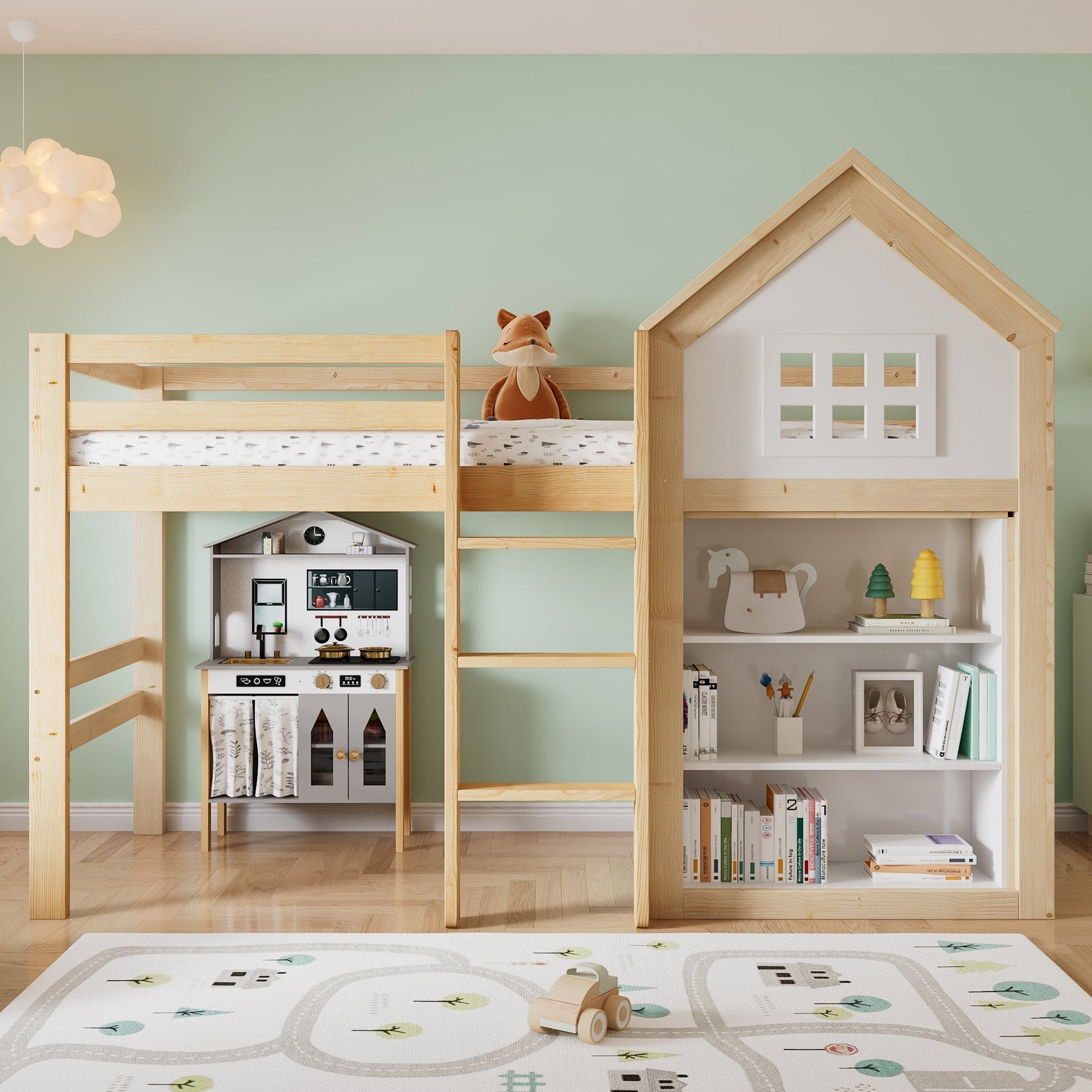 Loft Bed with Storage Compartments, Drawers, Steps and Safety Railing, 90x200cm, White and Natural Pine + MDF + Plywood