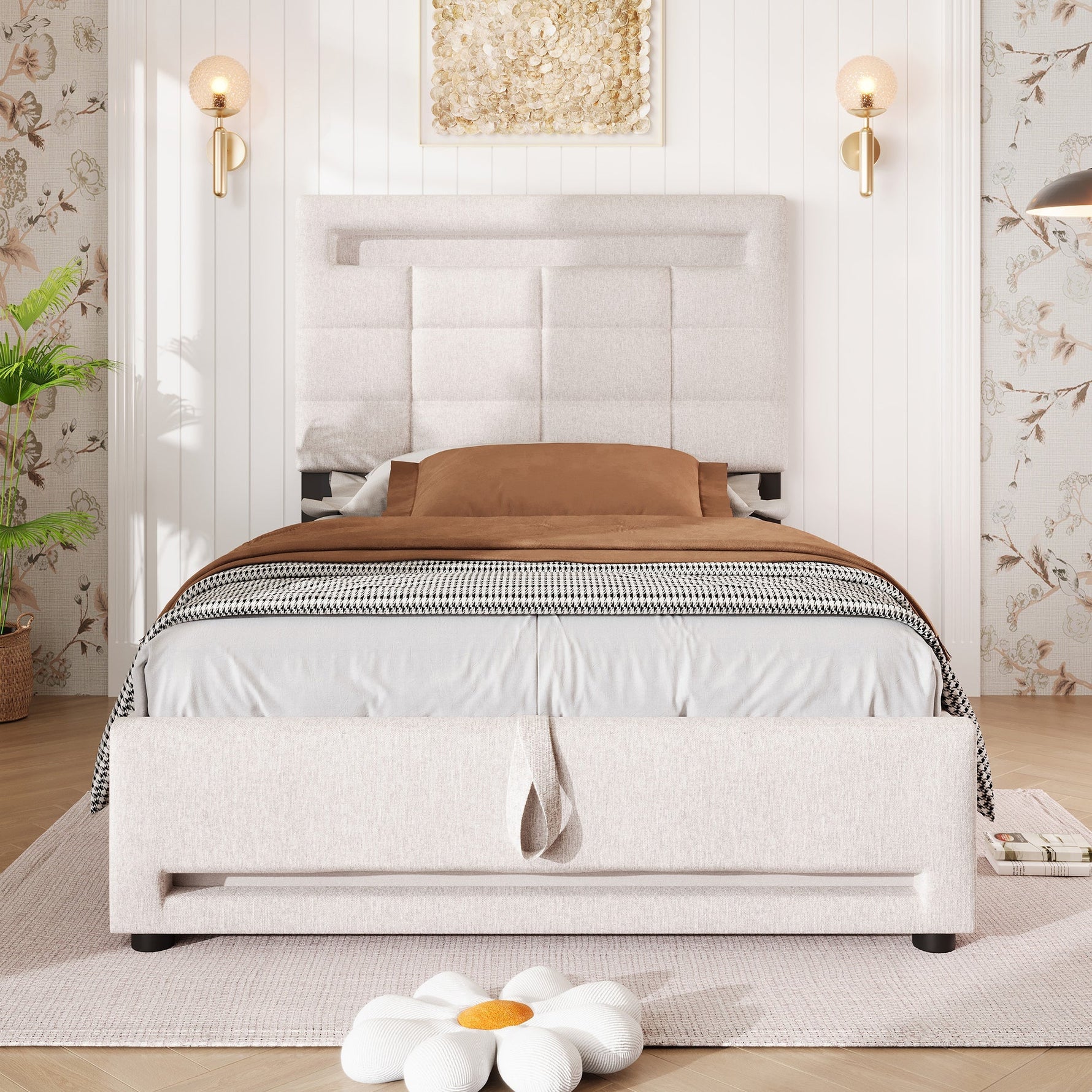 Upholstered Bed 90x200cm Hydraulic Storage LED USB App Control - Beige Linen