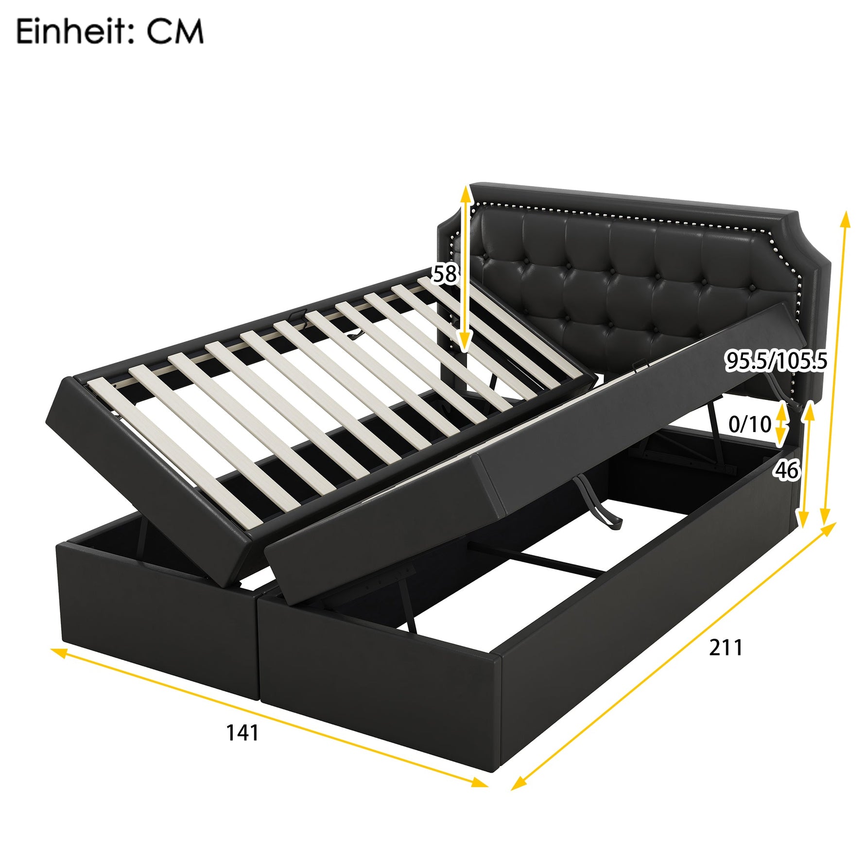 Upholstered Double Bed, 140x200cm Storage Slatted Base, Black