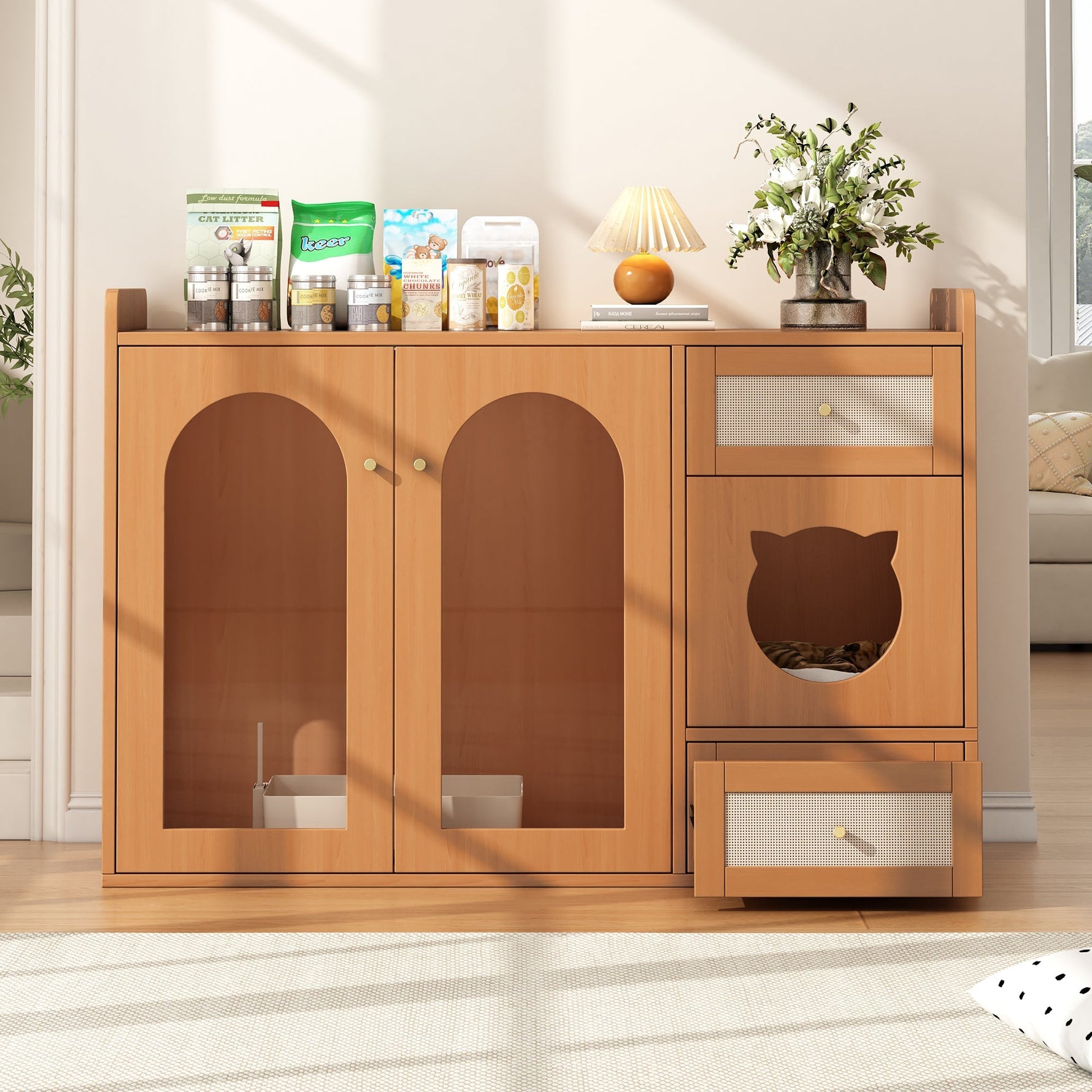 Cat House Litter Box Cabinet Multi-purpose with Food Bowls and Storage, Walnut Color