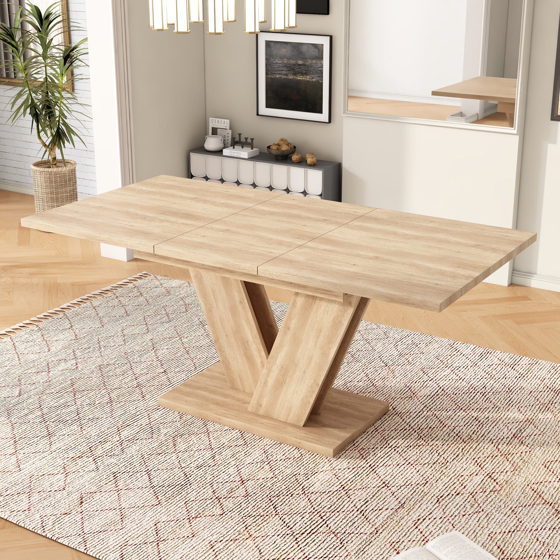 Extendable Dining Table 140/180x80cm Rectangular Thickened Top V-Shaped Legs Oak Color
