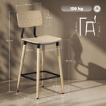 Bar Stools, 2 Counter Stools with Backrest and Footrest, Steel Legs, Natural