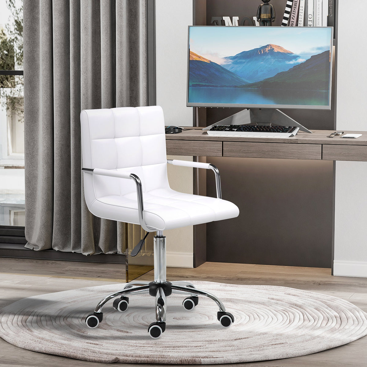 Office Chair, Height-Adjustable Ergonomic Swivel Executive, PU White