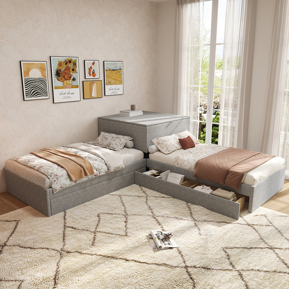Corner Bed with Trundle & Storage, 90x200 cm, Grey Linen