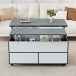 Coffee Table, 100x98x65cm Height-Adjustable Multifunctional with Hidden Storage & Wheels, Grey and White Splices