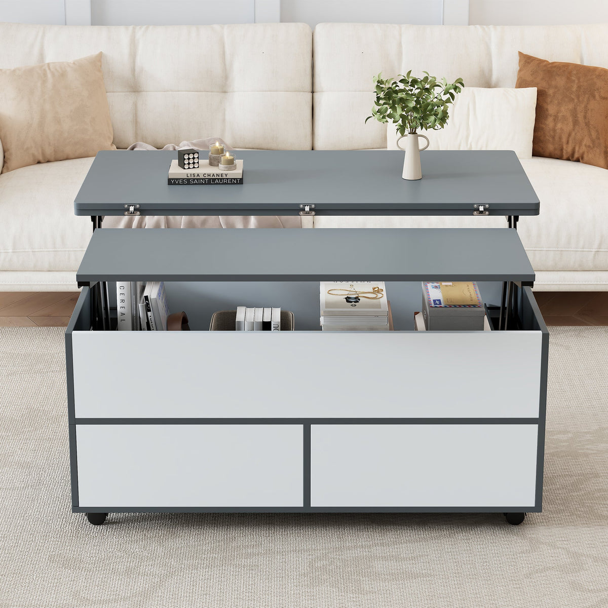 Coffee Table, 100x98x65cm Height-Adjustable Multifunctional with Hidden Storage & Wheels, Grey and White Splices