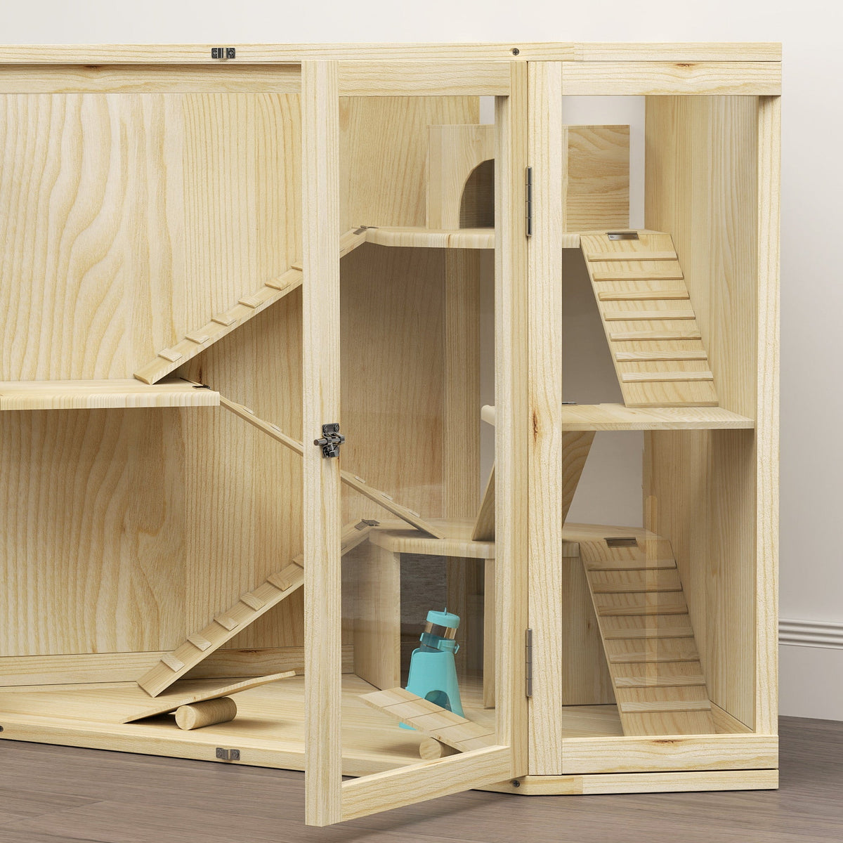 Wooden Hamster Cage, 4 Levels, Feeding Station, Seesaw, Ramp, Huts